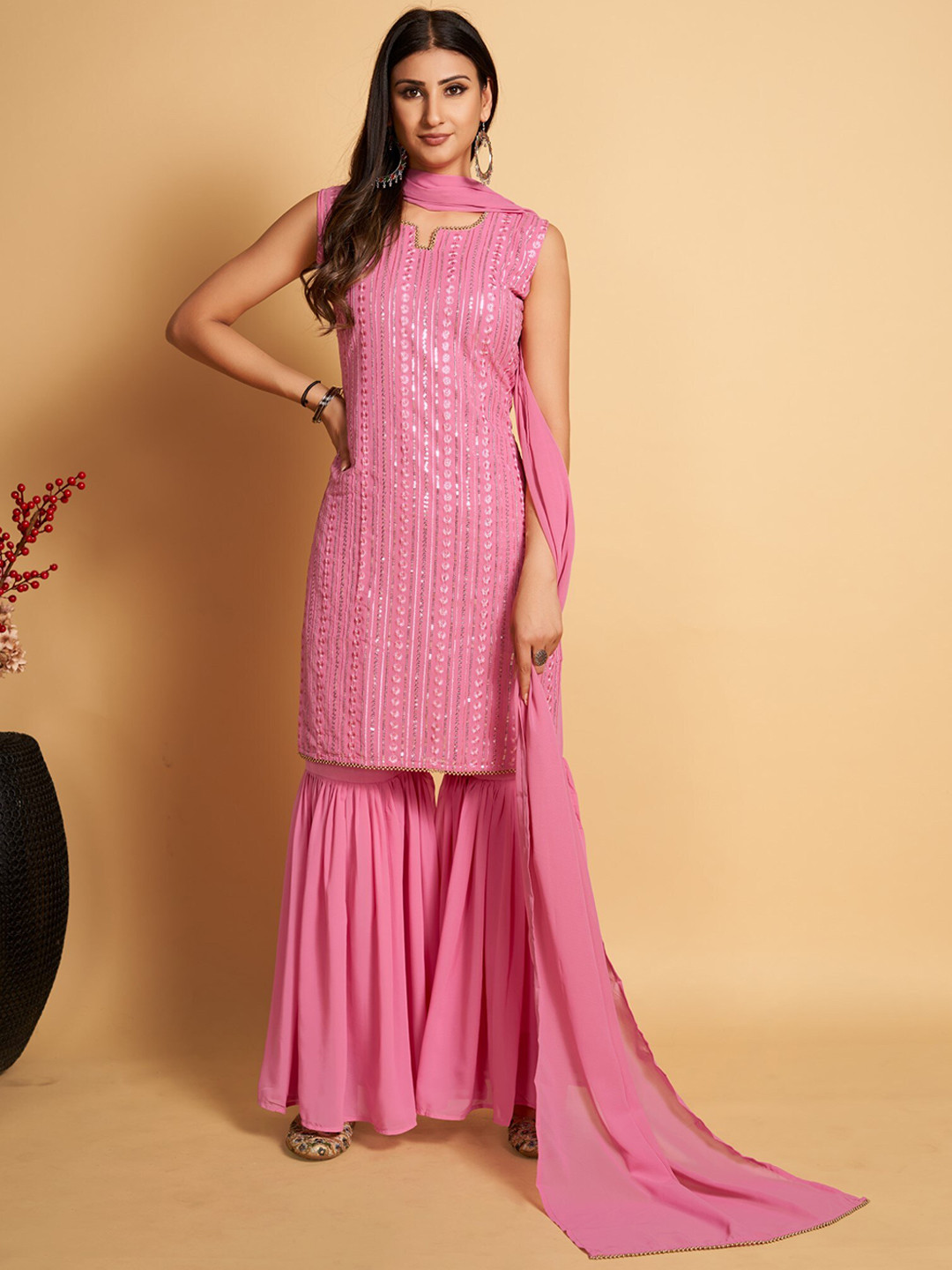 

ZARIMO Floral Embroidered Regular Thread Work Pastels Kurta With Sharara & Dupatta, Pink