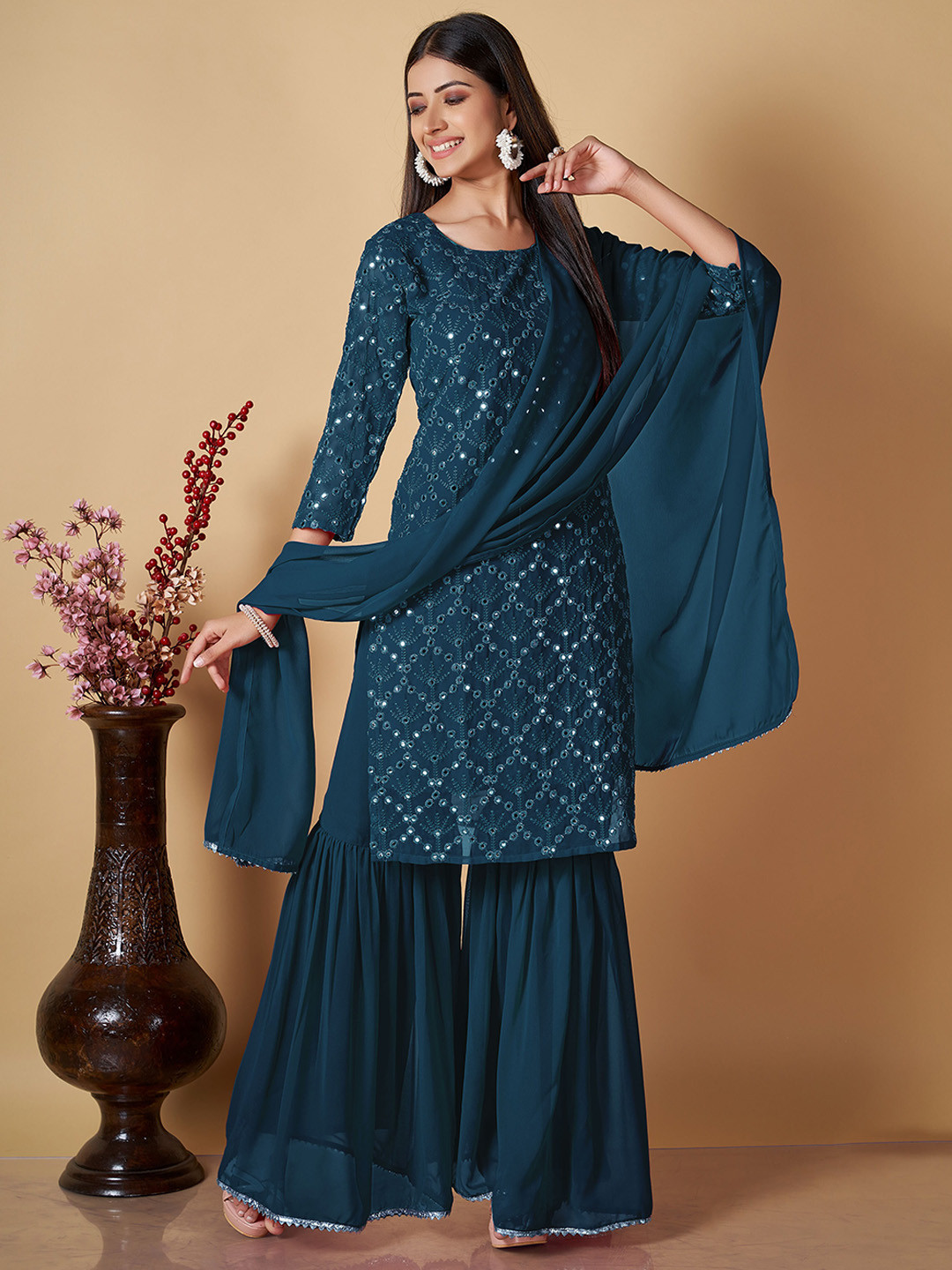 

ZARIMO Floral Embroidered Mirror Work Kurta With Sharara & Dupatta, Teal