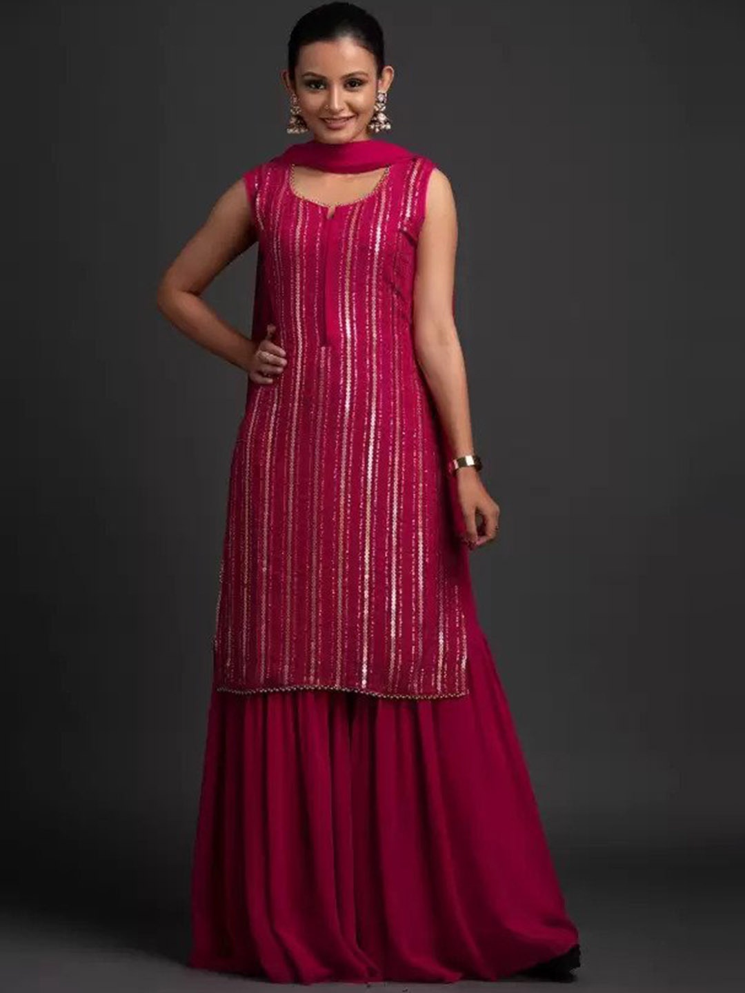 

ZARIMO Women Embroidered Regular Sequinned Kurta With Sharara & Dupatta, Pink