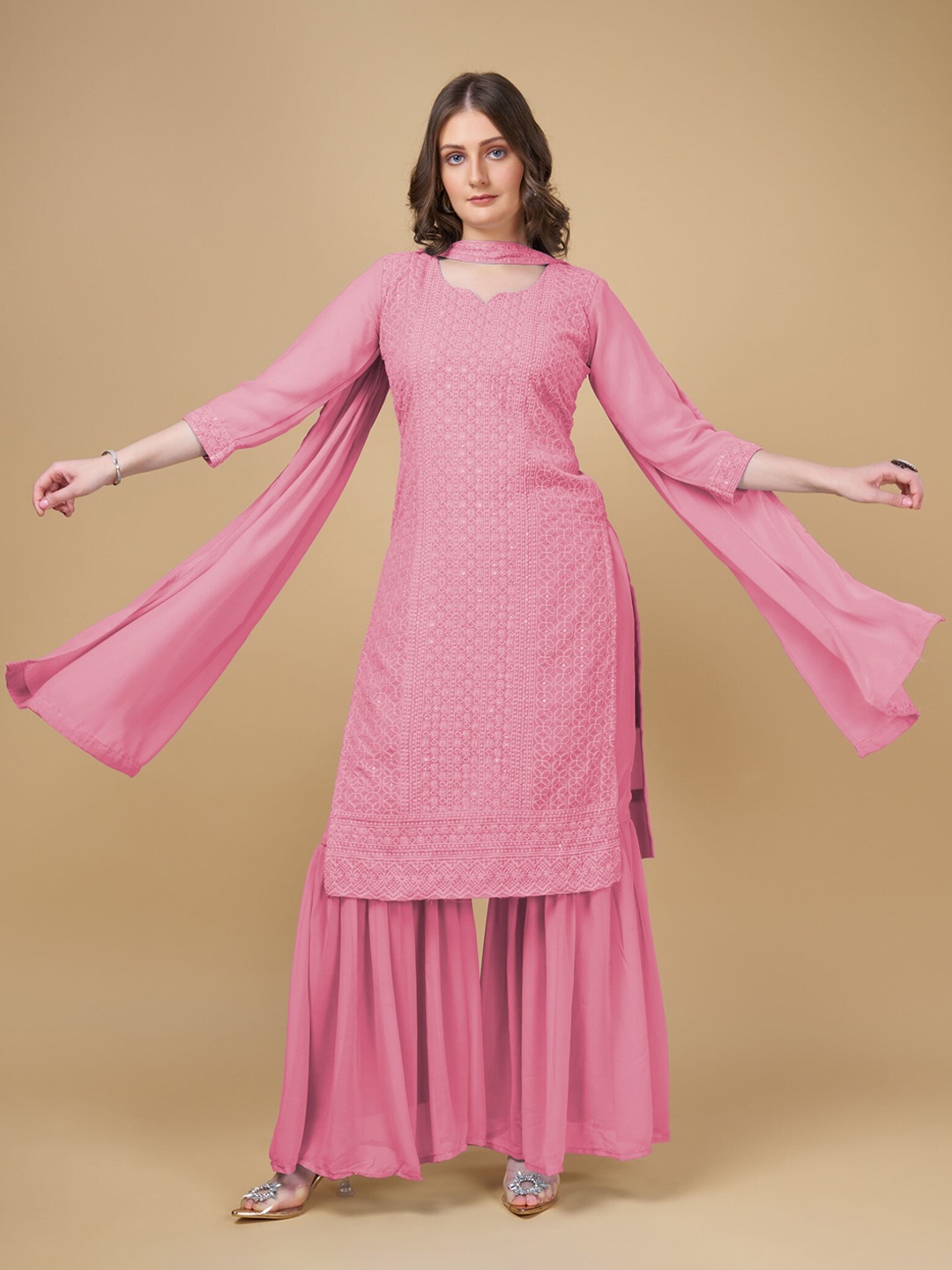 

ZARIMO Ethnic Motifs Embroidered Regular Thread Work Pastels Kurta With Sharara & Dupatta, Pink