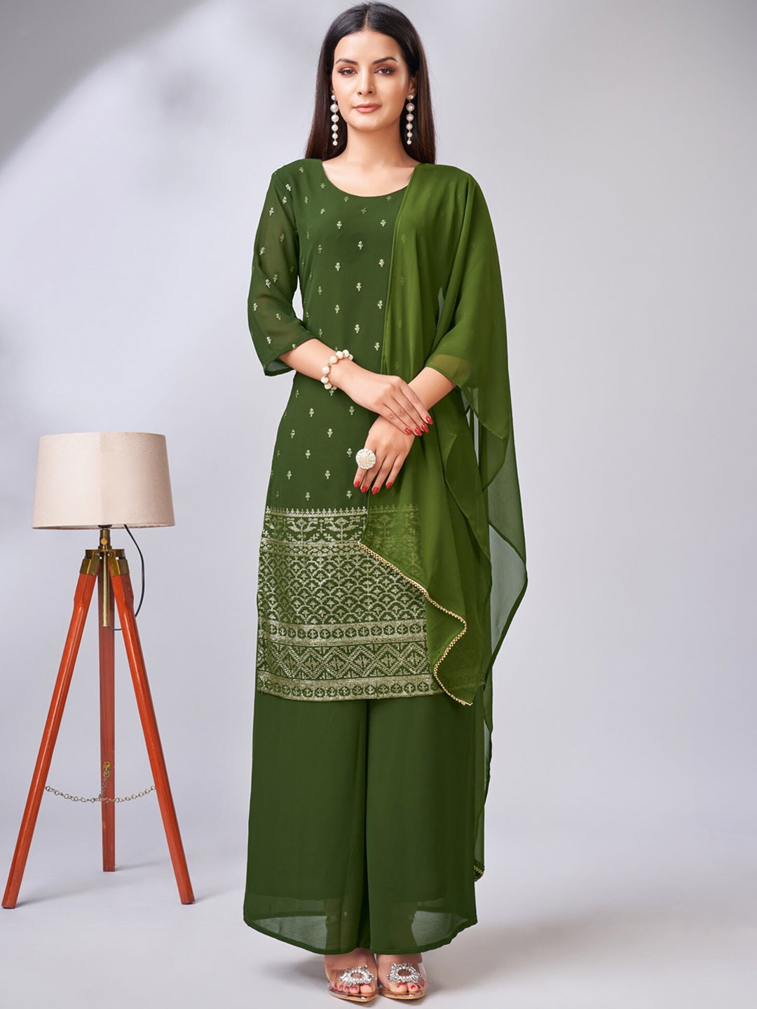 ZARIMO Embroidered Regular Thread Work Kurta With Palazzos & Dupatta, Green