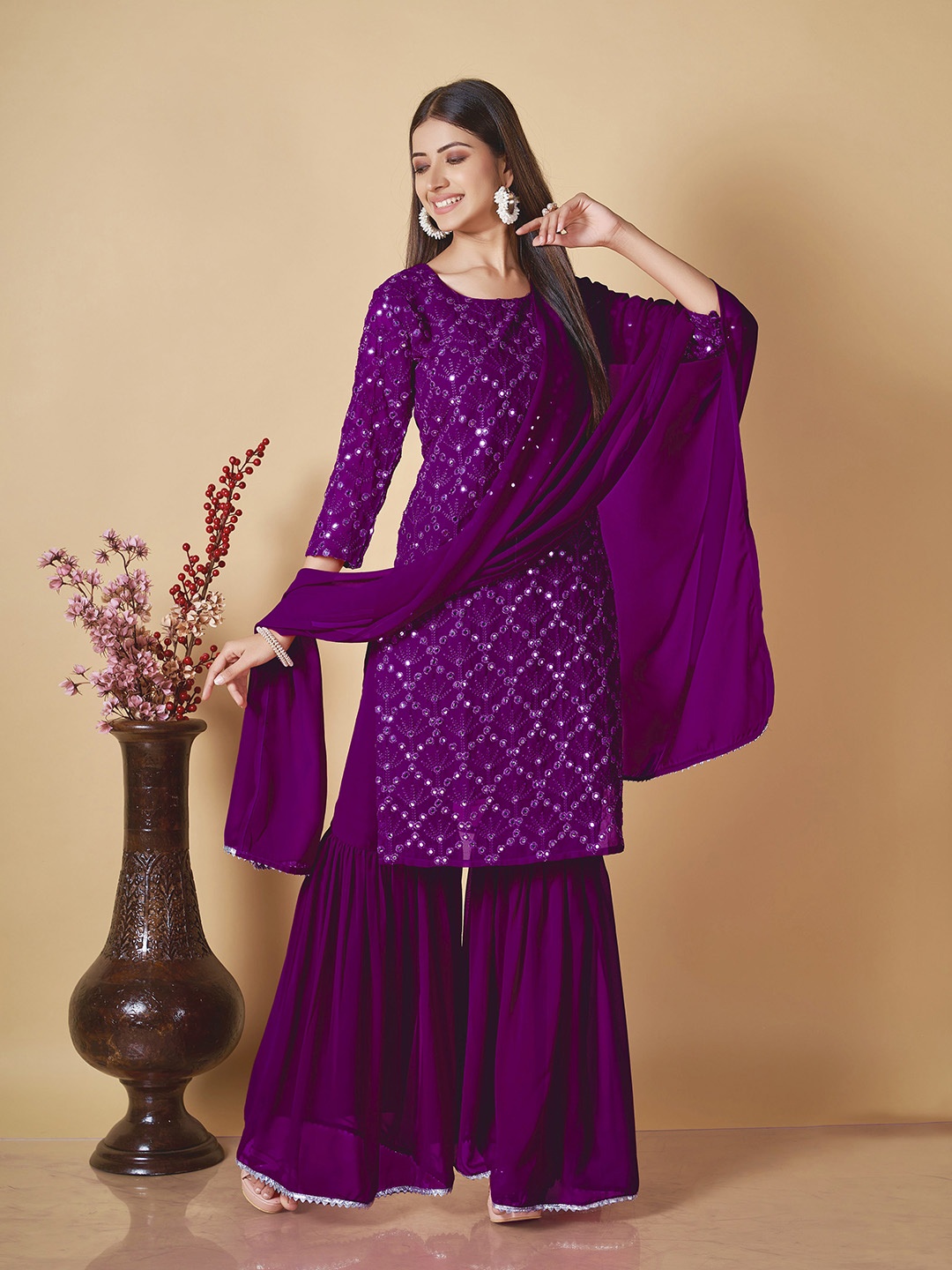 

ZARIMO Ethnic Motifs Embroidered Mirror Work Kurta With Sharara & Dupatta, Purple