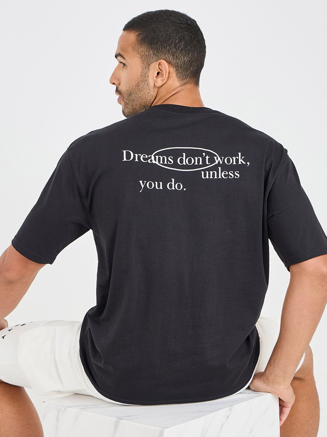 

Styli Men's Black Back Slogan Print Drop Shoulder Oversized T-Shirt