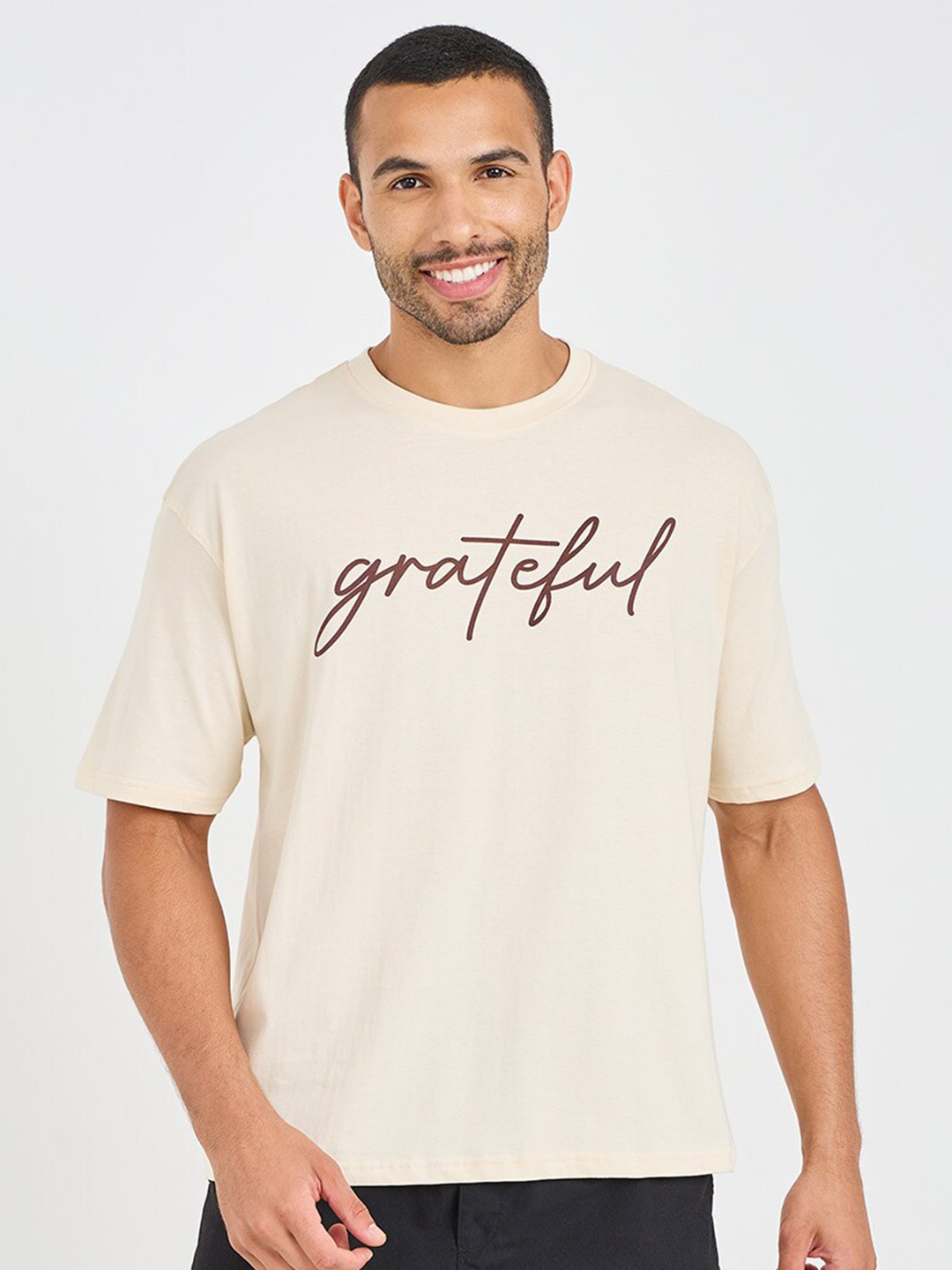 

Styli Men Typography Chest Print Oversized T-Shirt, Cream