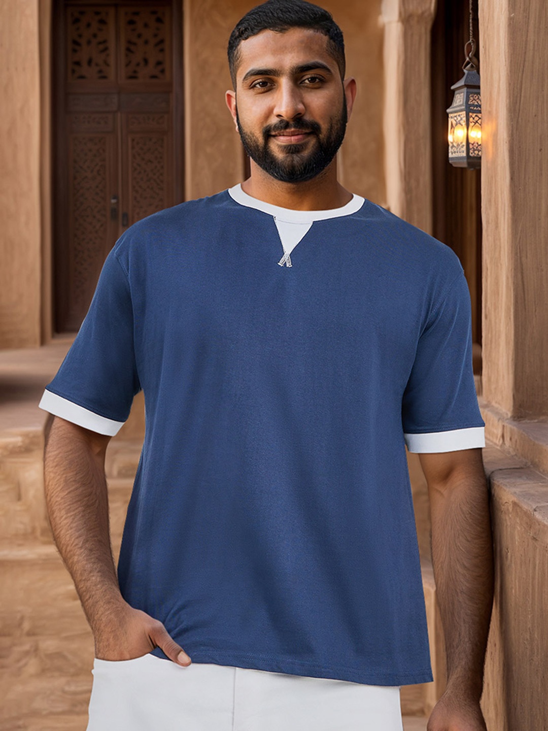 

Styli Contrast Rib Detail Ringer Oversized T-Shirt, Navy blue