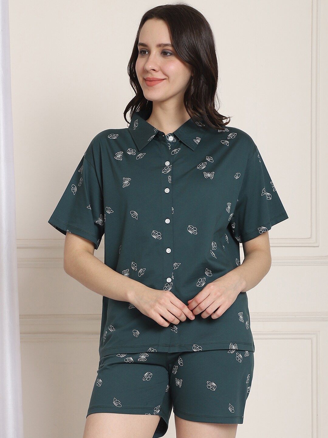 

Kanvin Teal Green Conversational Printed Modal Cotton Night Suit