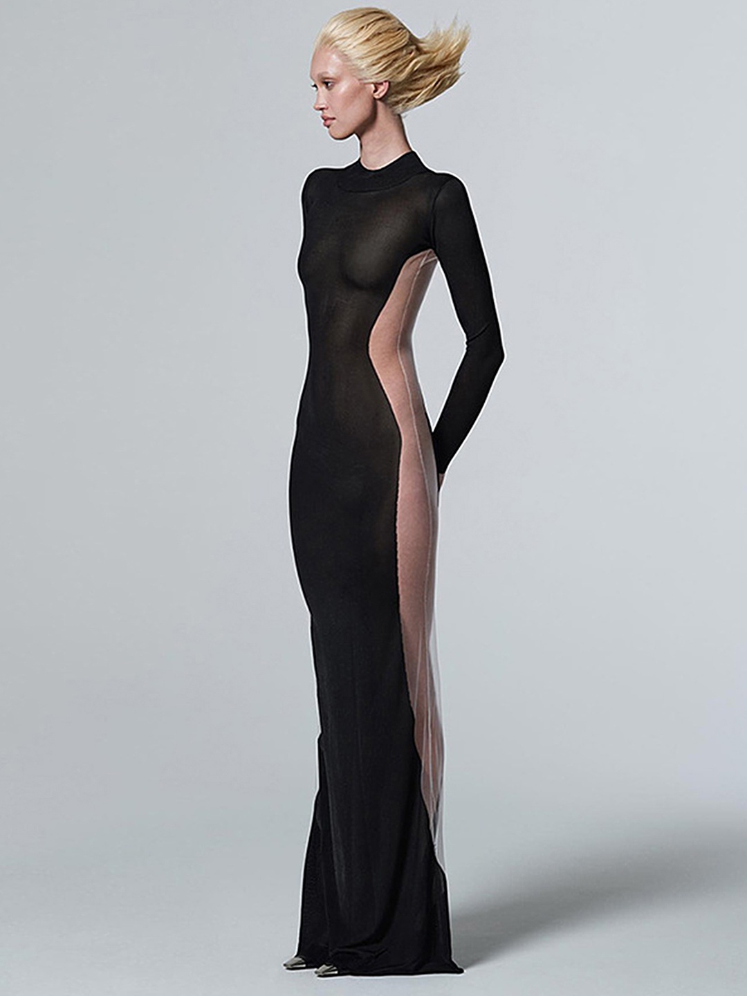 

LULU & SKY Long Sleeves Long Mesh Splicing Detail Maxi Dress, Black