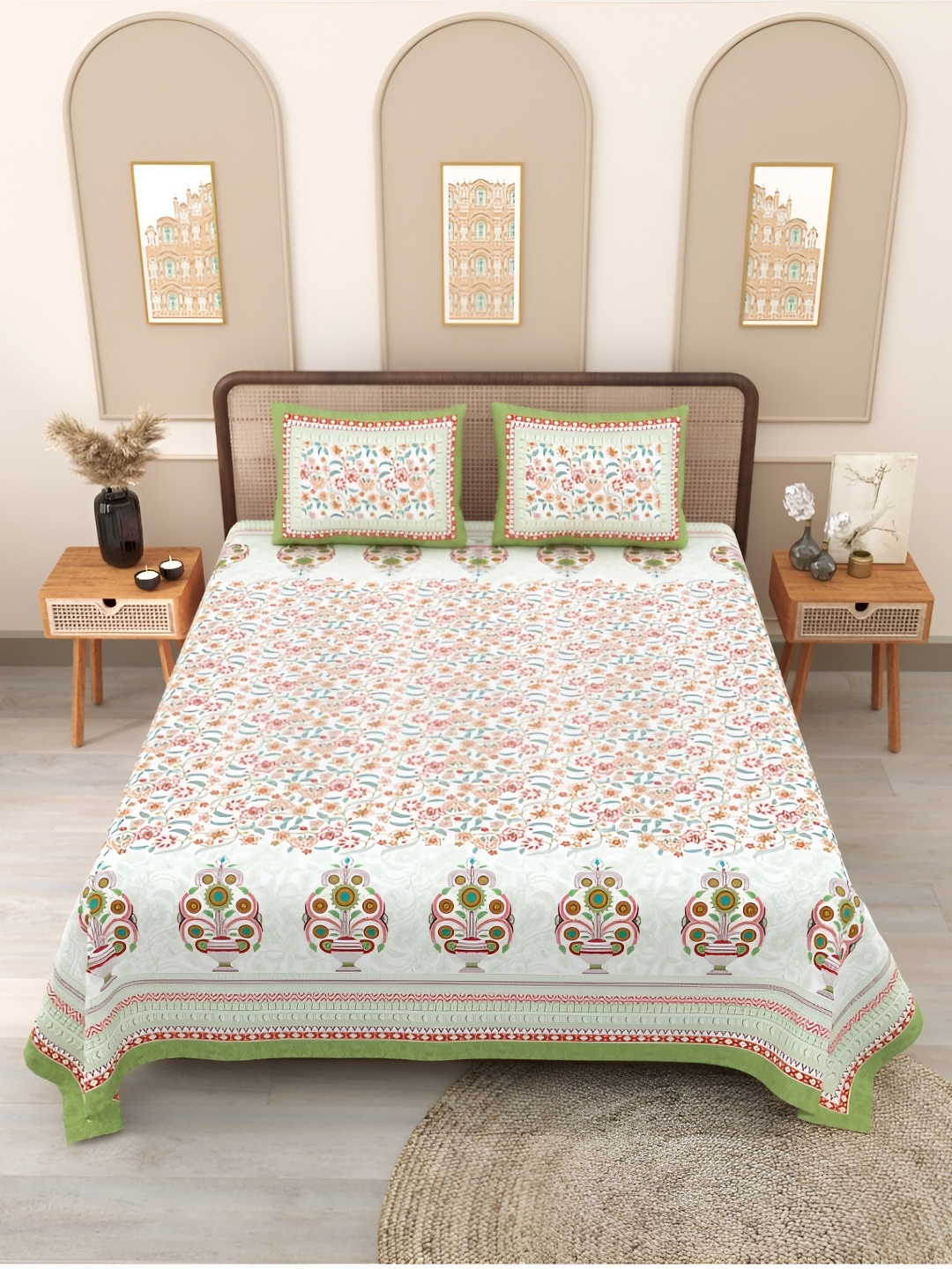 

Block Print Story Olive Green Ethnic Motifs Cotton 210 TC Queen Bedsheet & 2 Pillow Covers