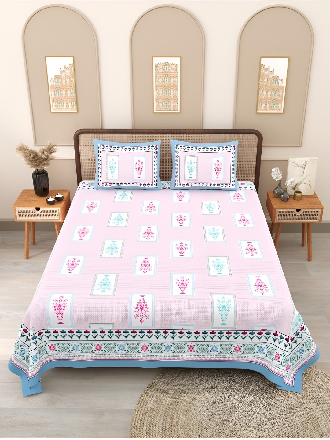 

Block Print Story Pink & Blue Ethnic Motifs 210 TC Queen Bedsheet With 2 Pillow Covers