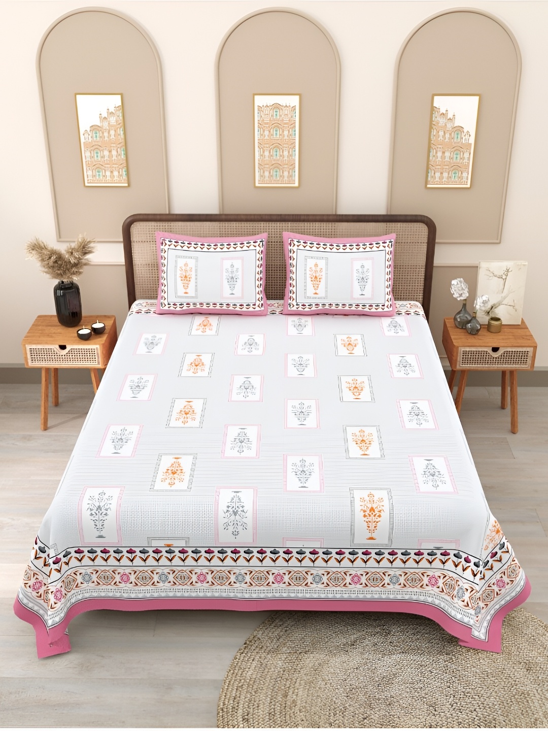 

Block Print Story Grey & Pink Ethnic Motifs 210 TC Queen Bedsheet With 2 Pillow Covers