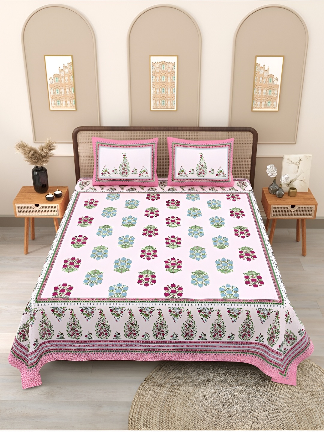 

Block Print Story Pink Ethnic Motifs 210 TC Queen Bedsheet With 2 Pillow Covers