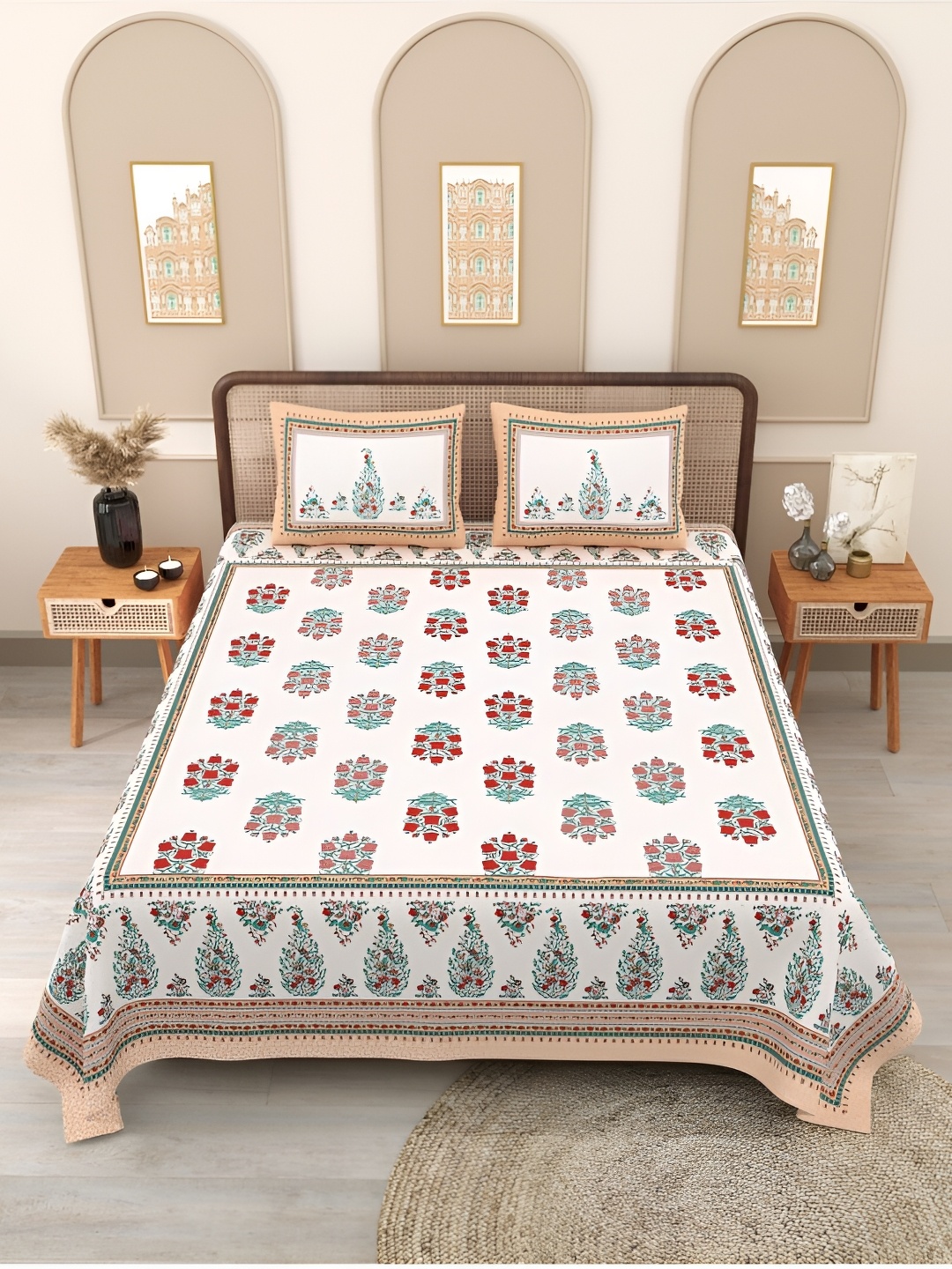 

Block Print Story Brown & Cream Ethnic Motifs 210 TC Queen Bedsheet & 2 Pillow Covers