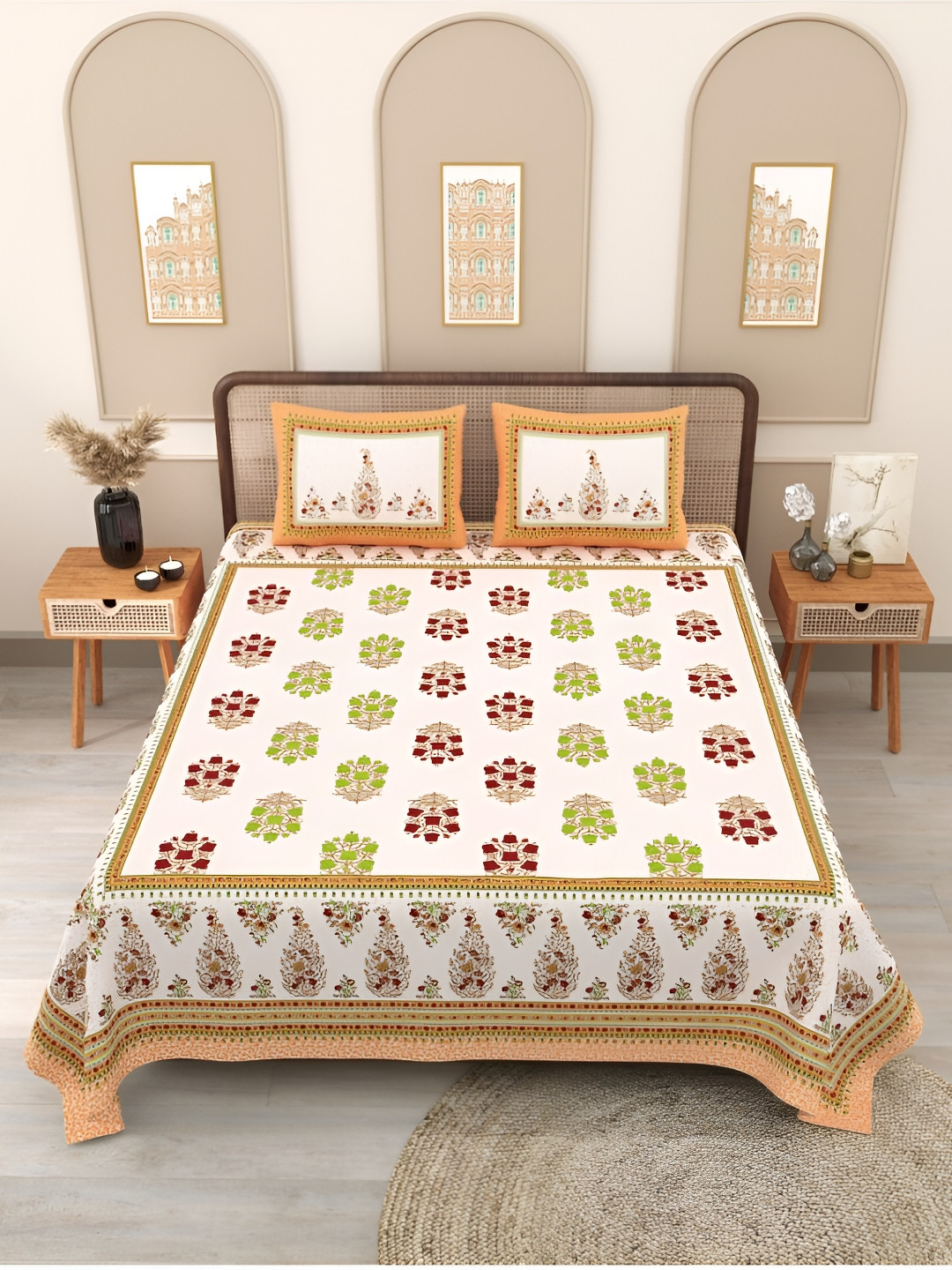 

Block Print Story White & Brown Ethnic Motifs 210 TC Queen Bedsheet With 2 Pillow Covers
