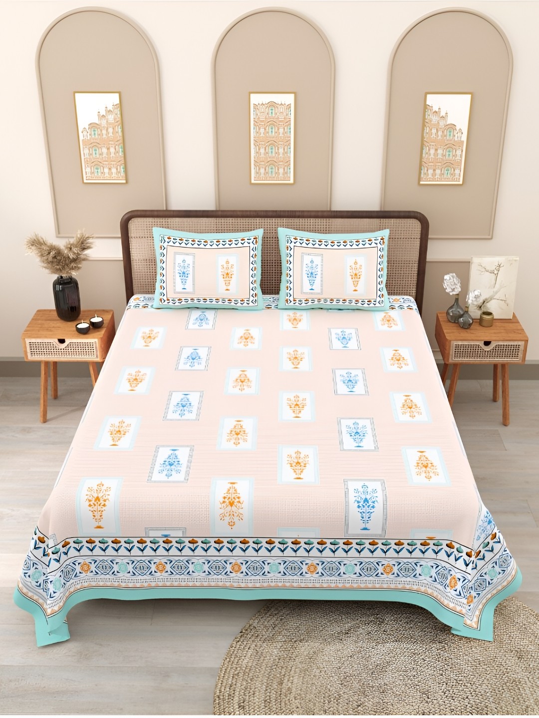 

Block Print Story Orange & Green Ethnic Motifs 210 TC Queen Bedsheet With 2 Pillow Covers