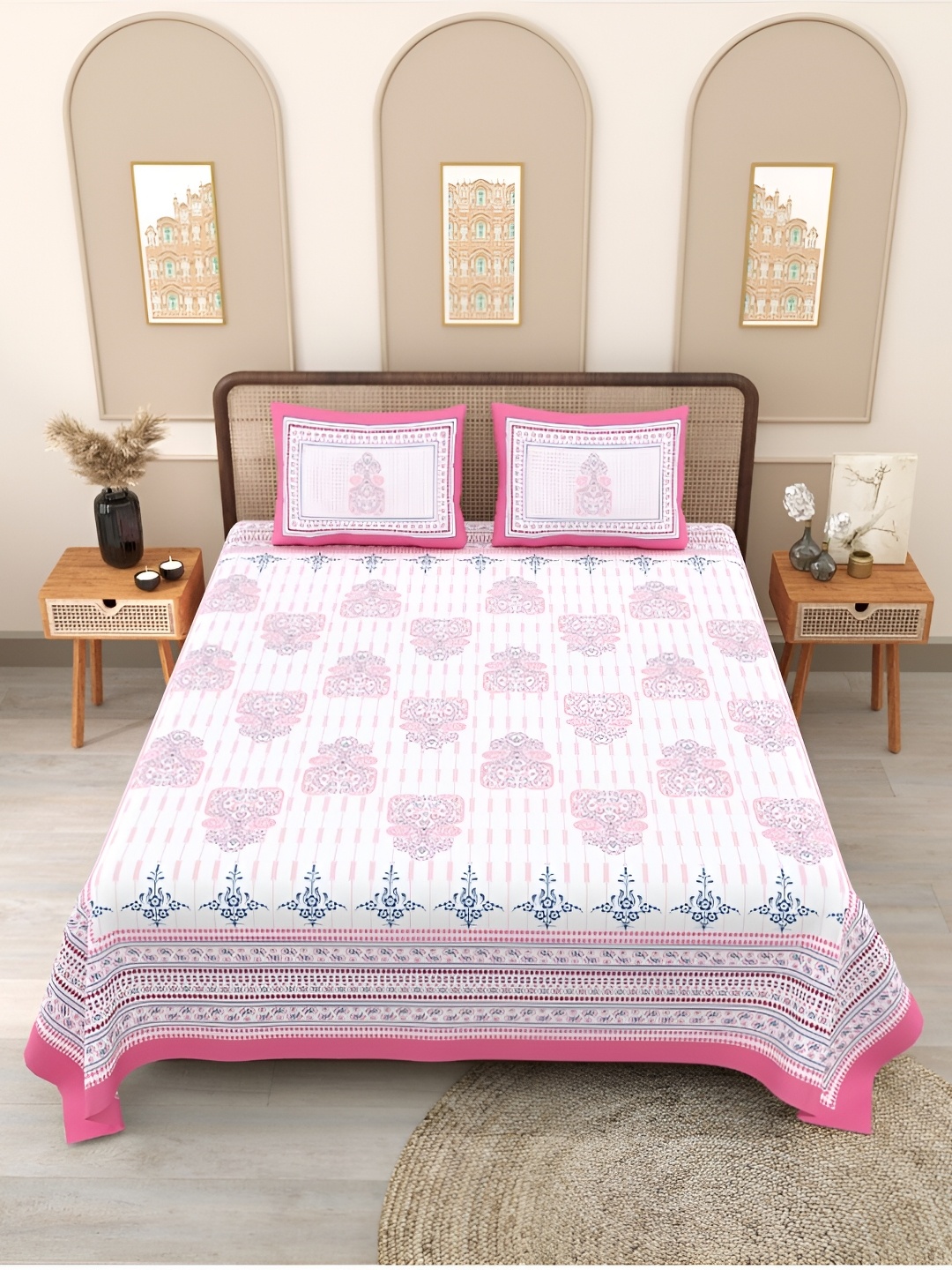 

Block Print Story Pink & White Ethnic Motifs 210 TC Queen Bedsheet With 2 Pillow Covers
