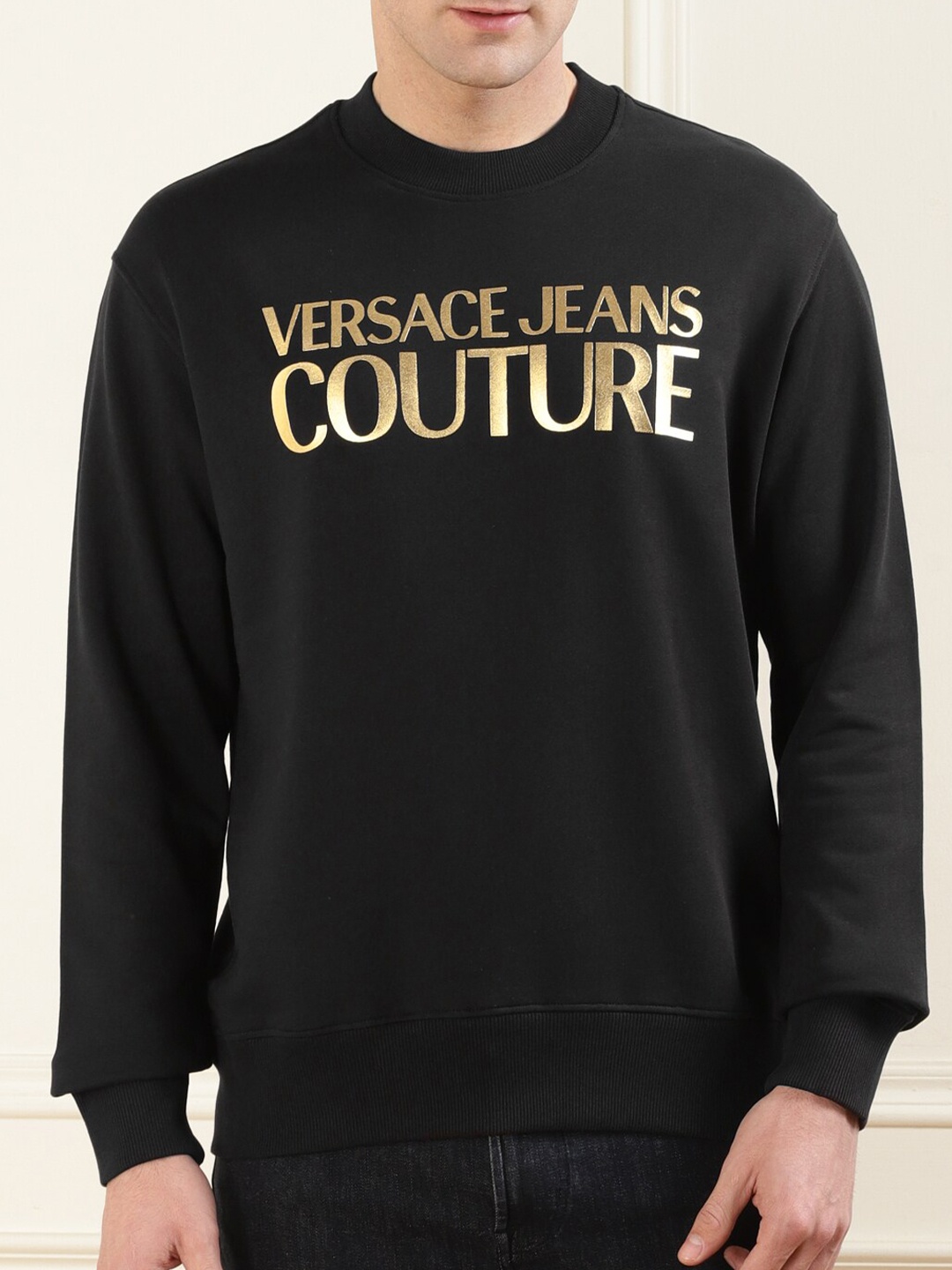 

Versace Jeans Couture Typography Printed Cotton Pullover Sweatshirt, Black