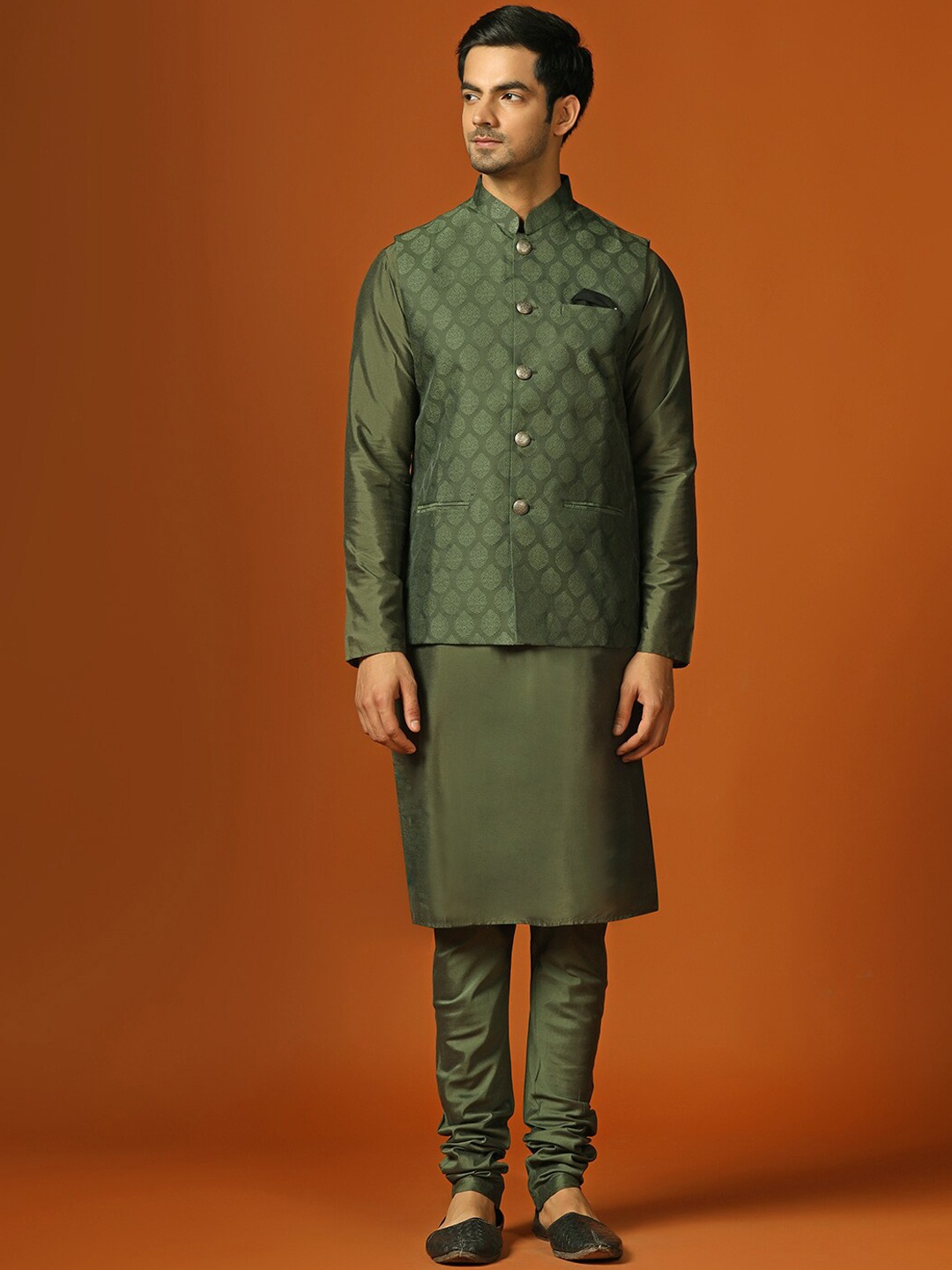 

KISAH Mandarin Collar Long Sleeves Regular Kurta with Churidar With Nehru jacket, Olive