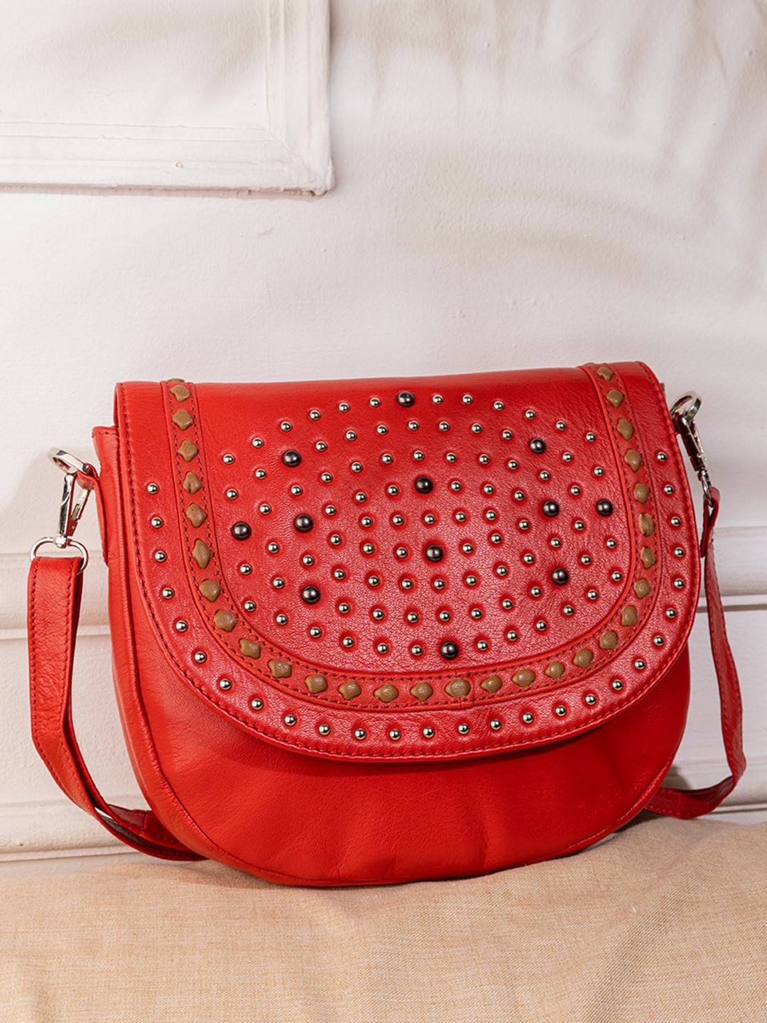

Abelardo De Moda Embellished Leather Oversized Structured Sling Bag, Red