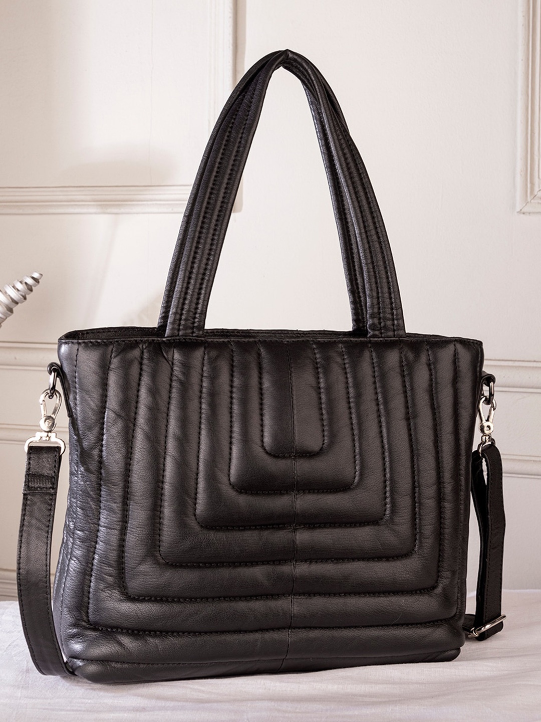 

Abelardo De Moda Textured Leather Shopper Tote Bag with Quilted, Black