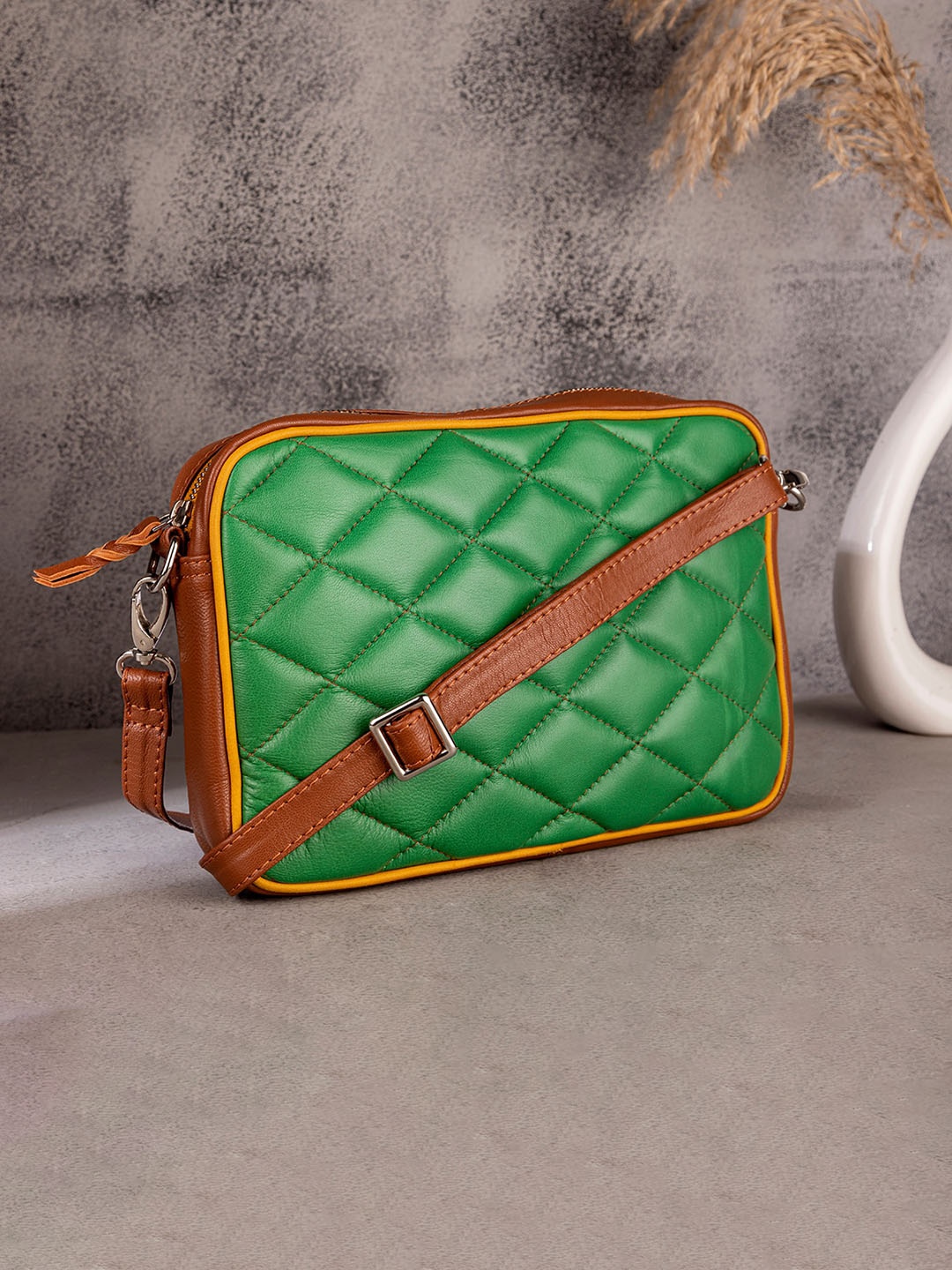 

Abelardo De Moda Leather Structured Quilted Sling Bag, Green