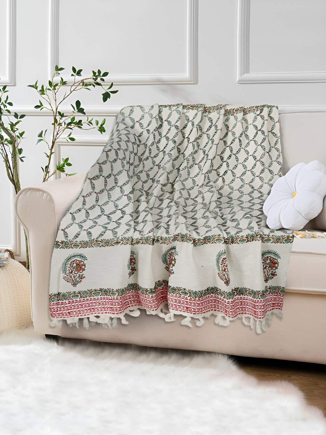 

Rajasthan Decor White and Green Floral Printed Cotton Throw