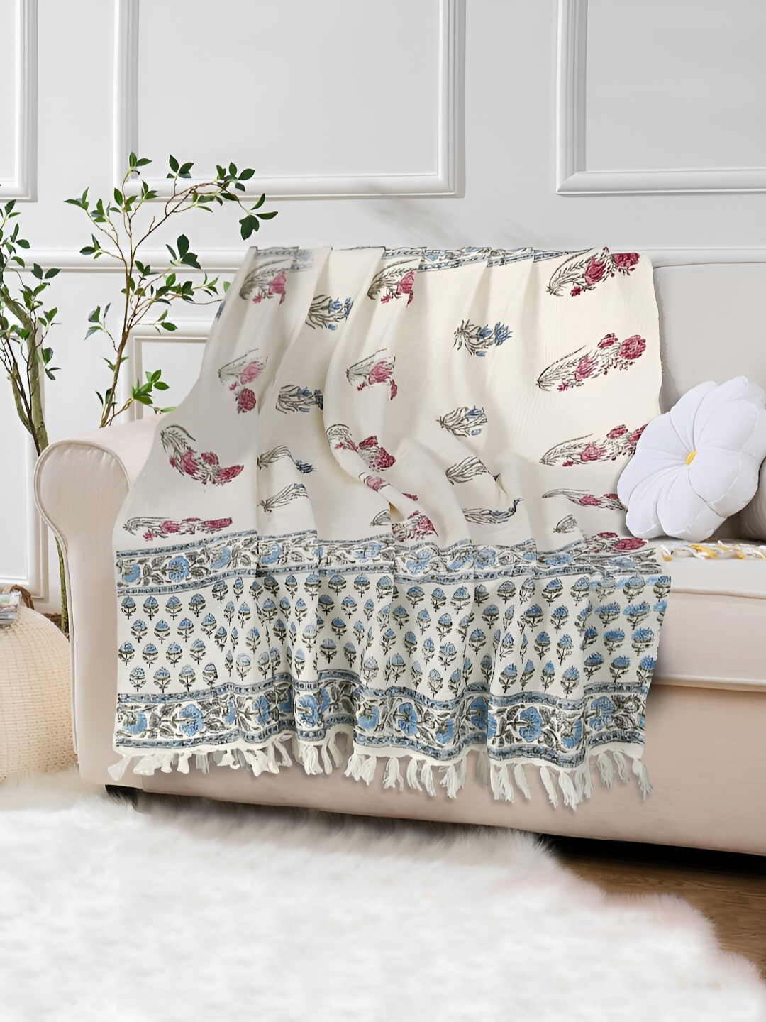 

Rajasthan Decor White & Pink Floral Printed Pure Cotton Sofa Throw