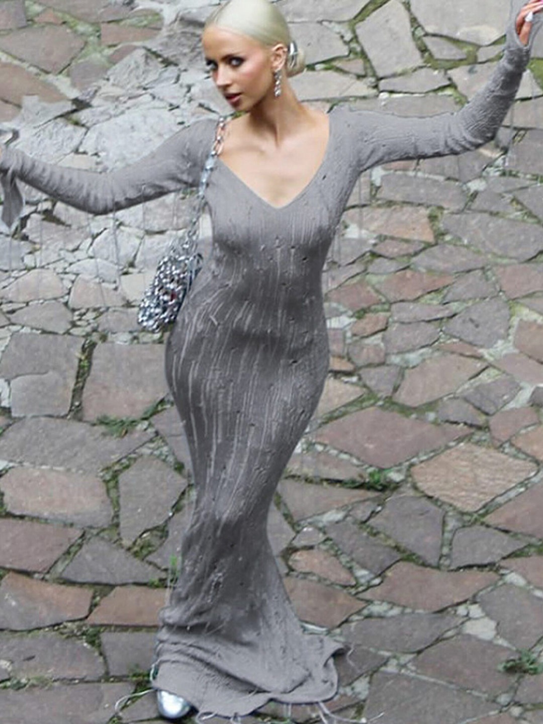 

LULU & SKY Self Design V-Neck Maxi Dress, Grey