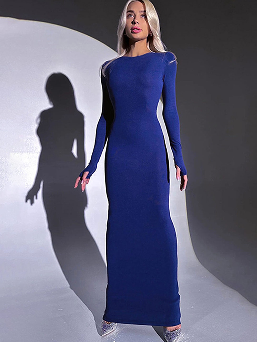 

LULU & SKY Round Neck Bodycon Maxi Dress with Thumbholes, Blue