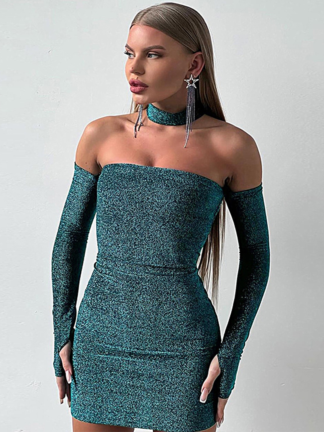

LULU & SKY Self Design Off-Shoulder Bodycon Mini Dress With Choker, Green