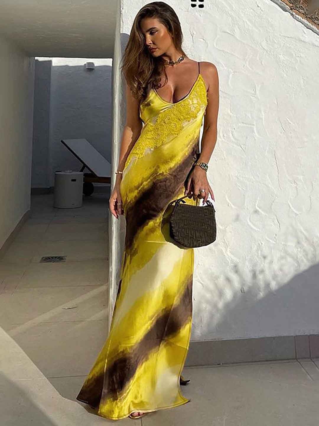 

LULU & SKY Printed Lace Insert Maxi Dress, Yellow