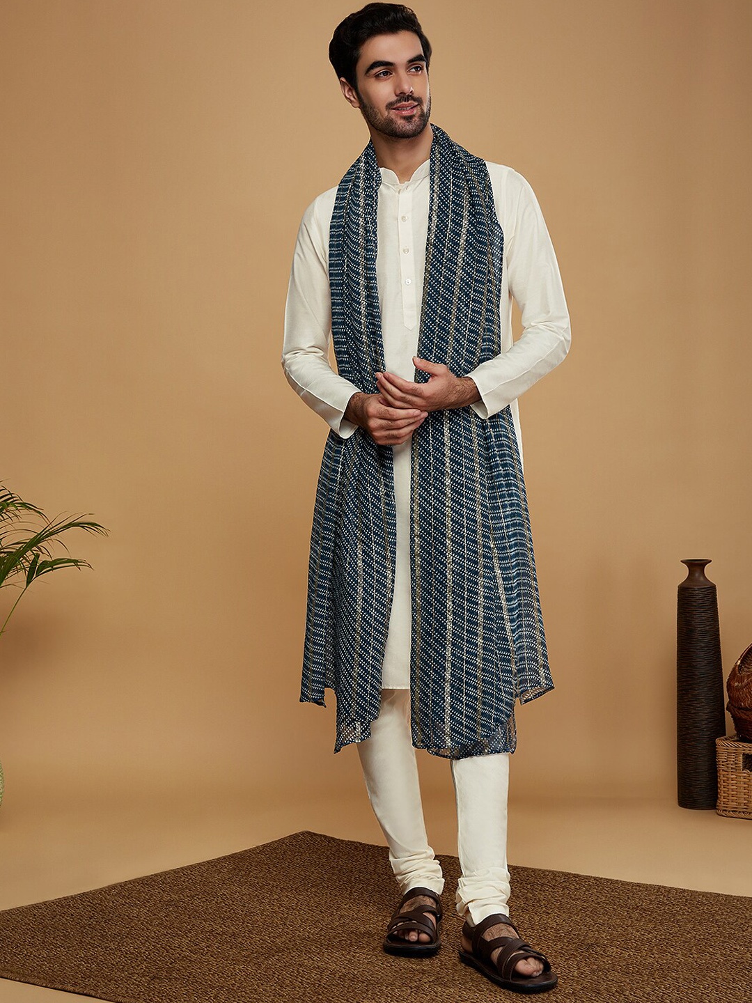 

KISAH Mandarin Collar Straight Kurta with Churidar & With Dupatta, Off white