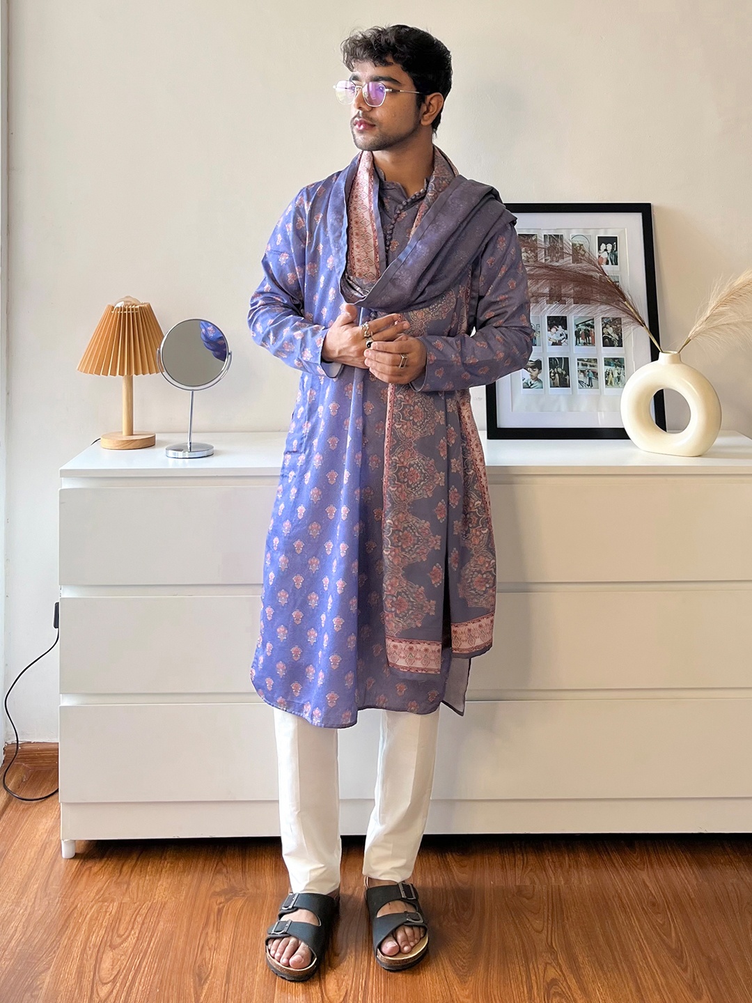 

KISAH Floral Printed Mandarin Collar Kurta with Churidar & With Dupatta, Grey