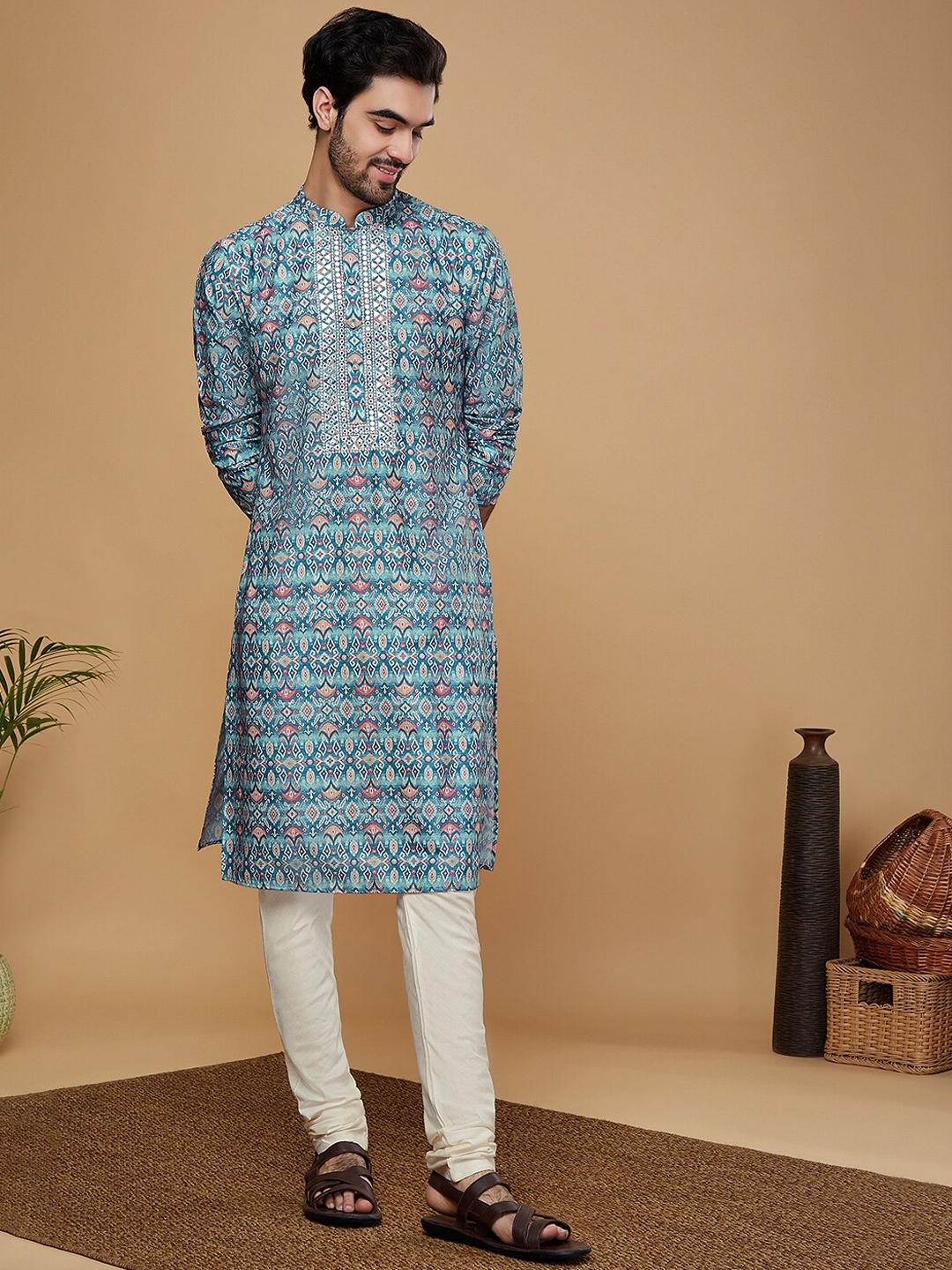 

KISAH Ethnic Motifs Printed Mandarin Collar Kurta with Churidar, Blue