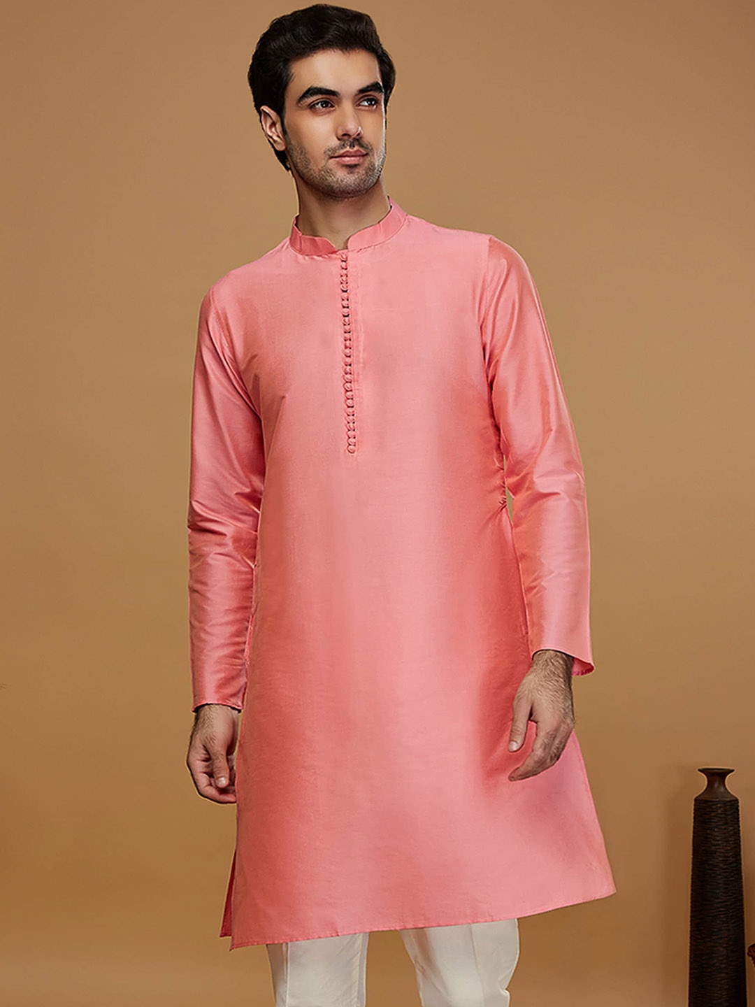 

KISAH Mandarin Collar Straight Jacquard Kurta, Pink