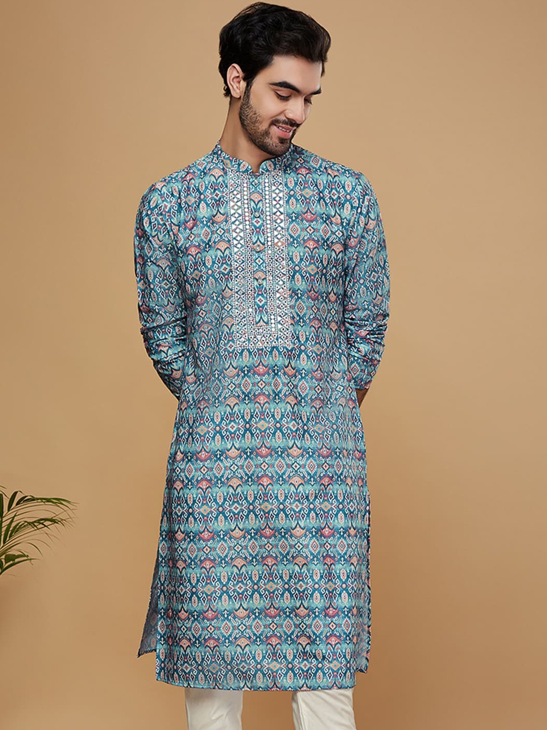 

KISAH Men Geometric Printed Mirror Work Straight Jacquard Kurta, Blue