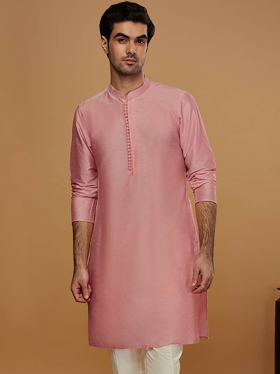 

KISAH Mandarin Collar Straight Jacquard Kurta, Pink