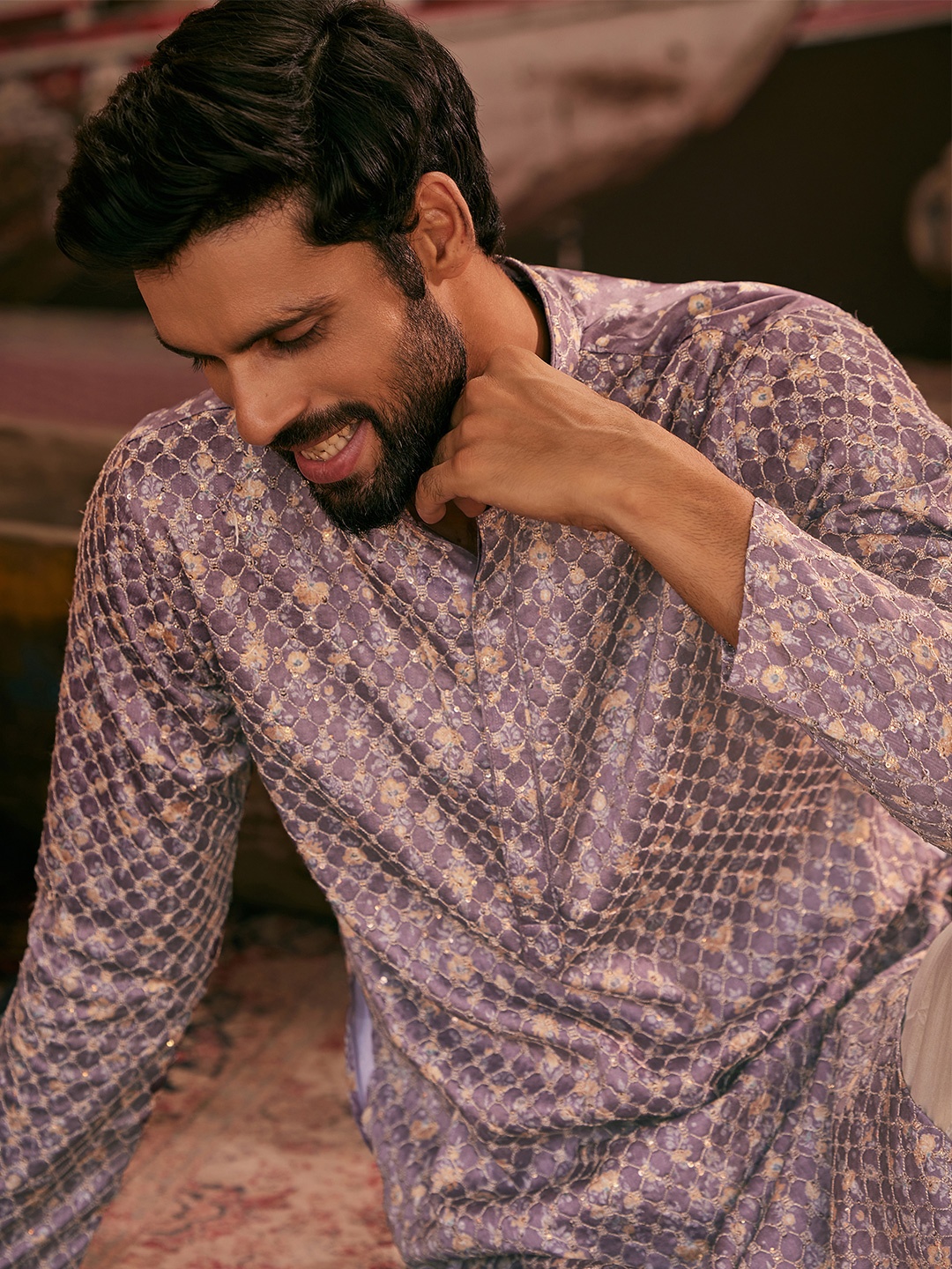 

KISAH Floral Printed Thread Work Jacquard Straight Kurta, Mauve