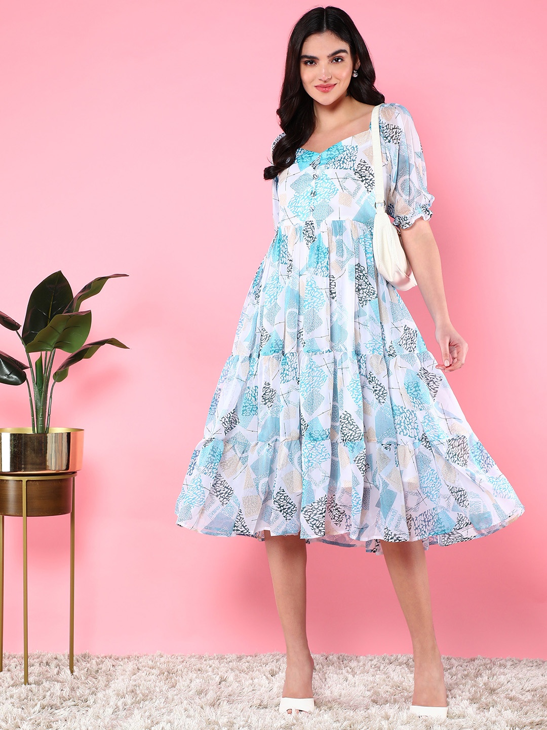 

BAESD Floral Printed Tiered Georgette A-Line Midi Dress, Blue