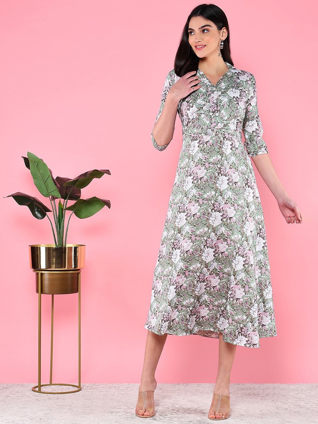 

BAESD Floral Printed A-Line Midi Dress, Green
