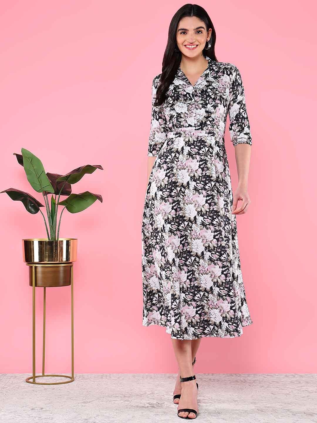 

BAESD Floral Printed Lapel Collar Puff Sleeves Cotton Fit & Flare Midi Dress With Belt, Black