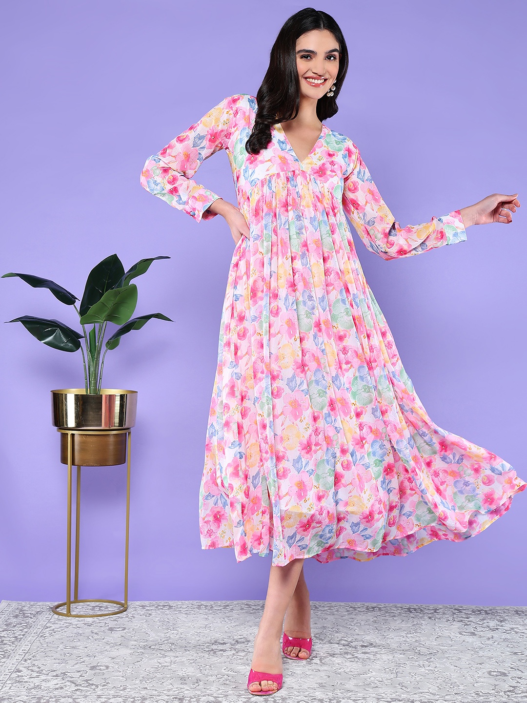 

BAESD Floral Printed V-Neck Chiffon A-Line Cotton Midi Dress, White
