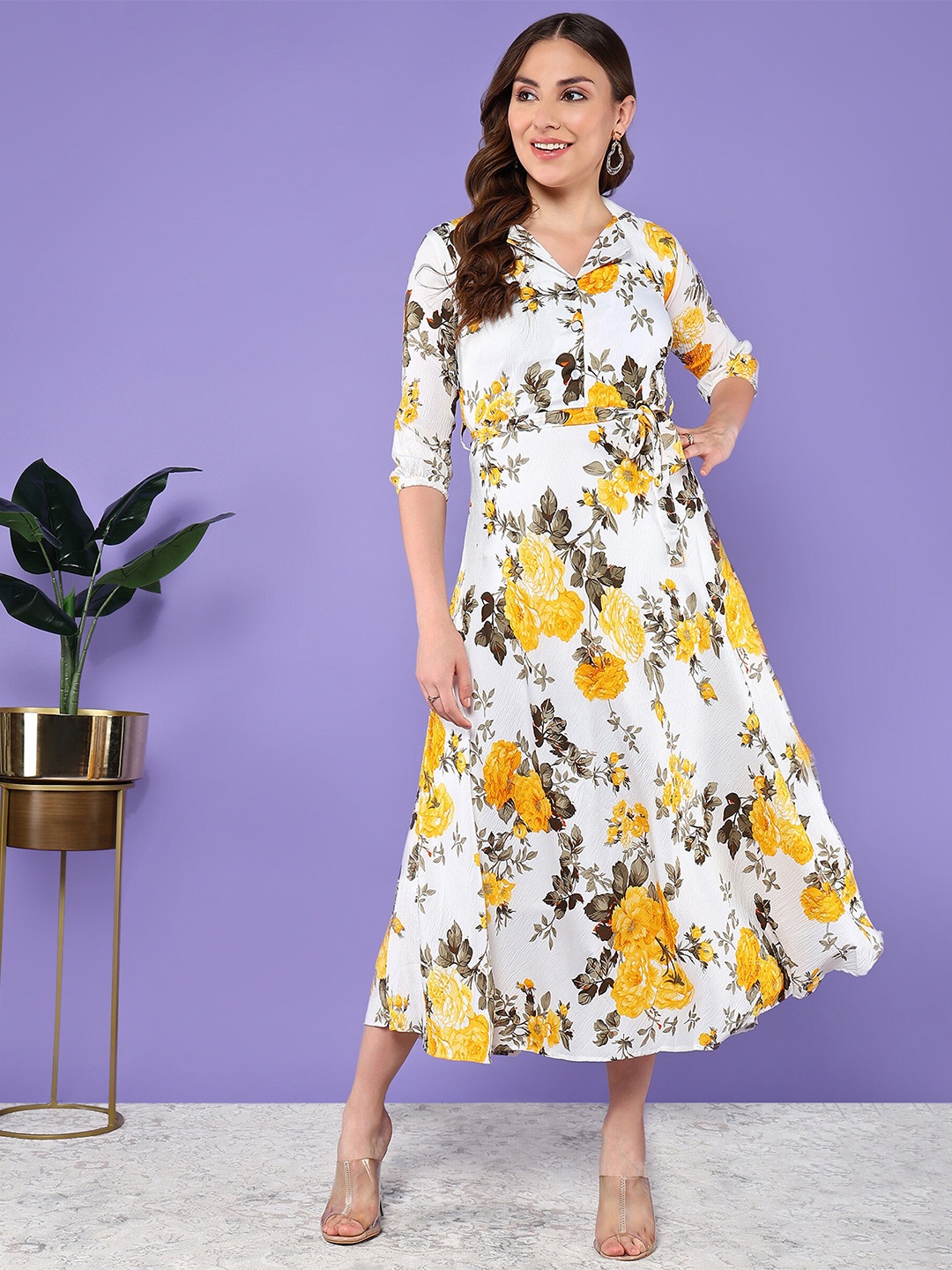 

BAESD Floral Printed Lapel Collar Puff Sleeves Cotton Fit & Flare Midi Dress With Belt, White