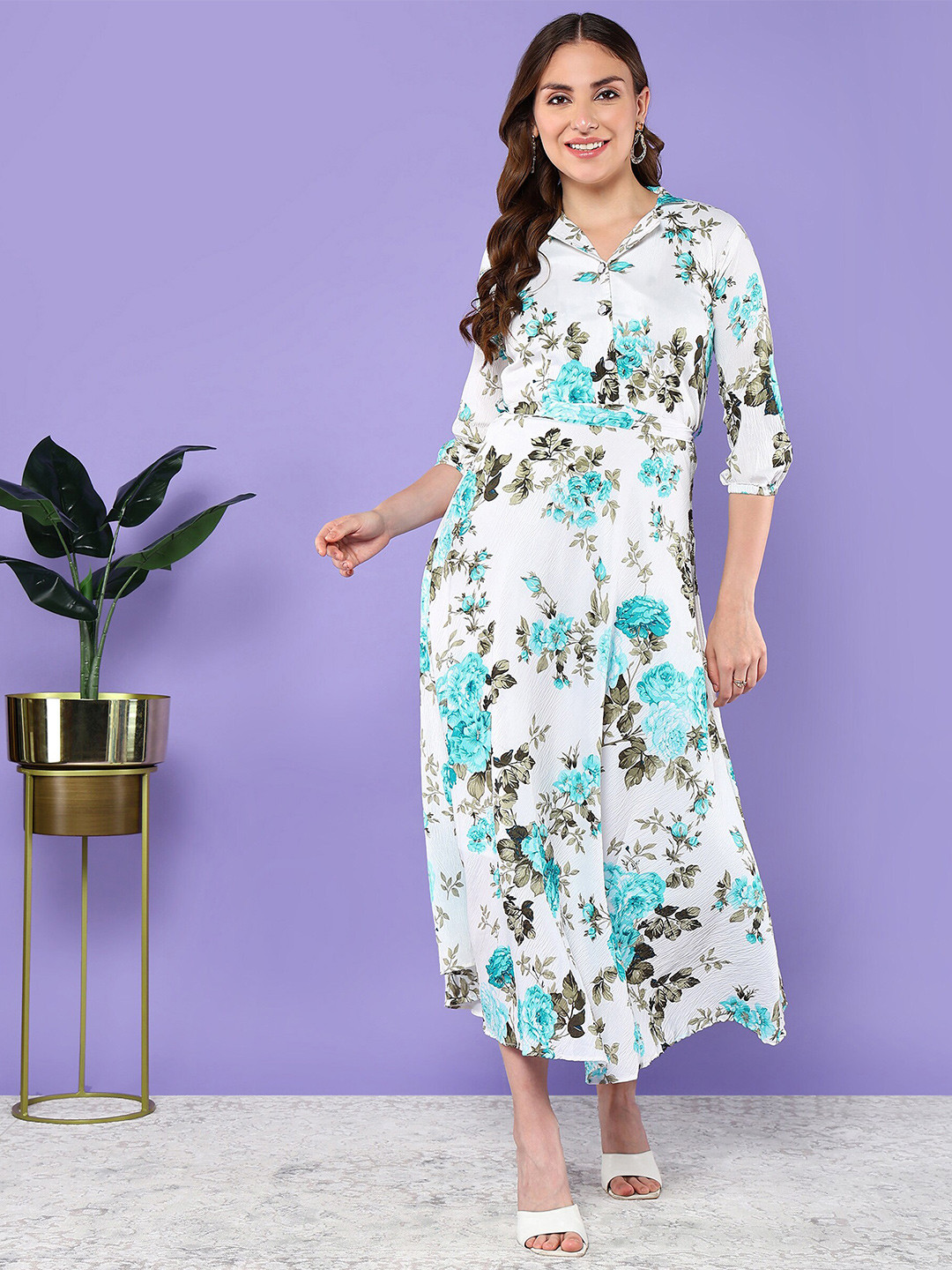 

BAESD Floral Printed Lapel Collar Puff Sleeves Cotton Fit & Flare Midi Dress With Belt, White