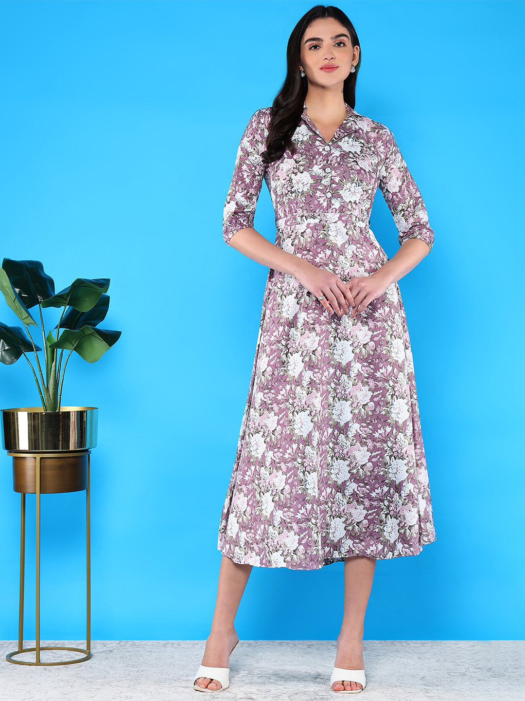 

BAESD Floral Printed Lapel Collar Puff Sleeves Cotton Fit & Flare Midi Dress With Belt, Purple