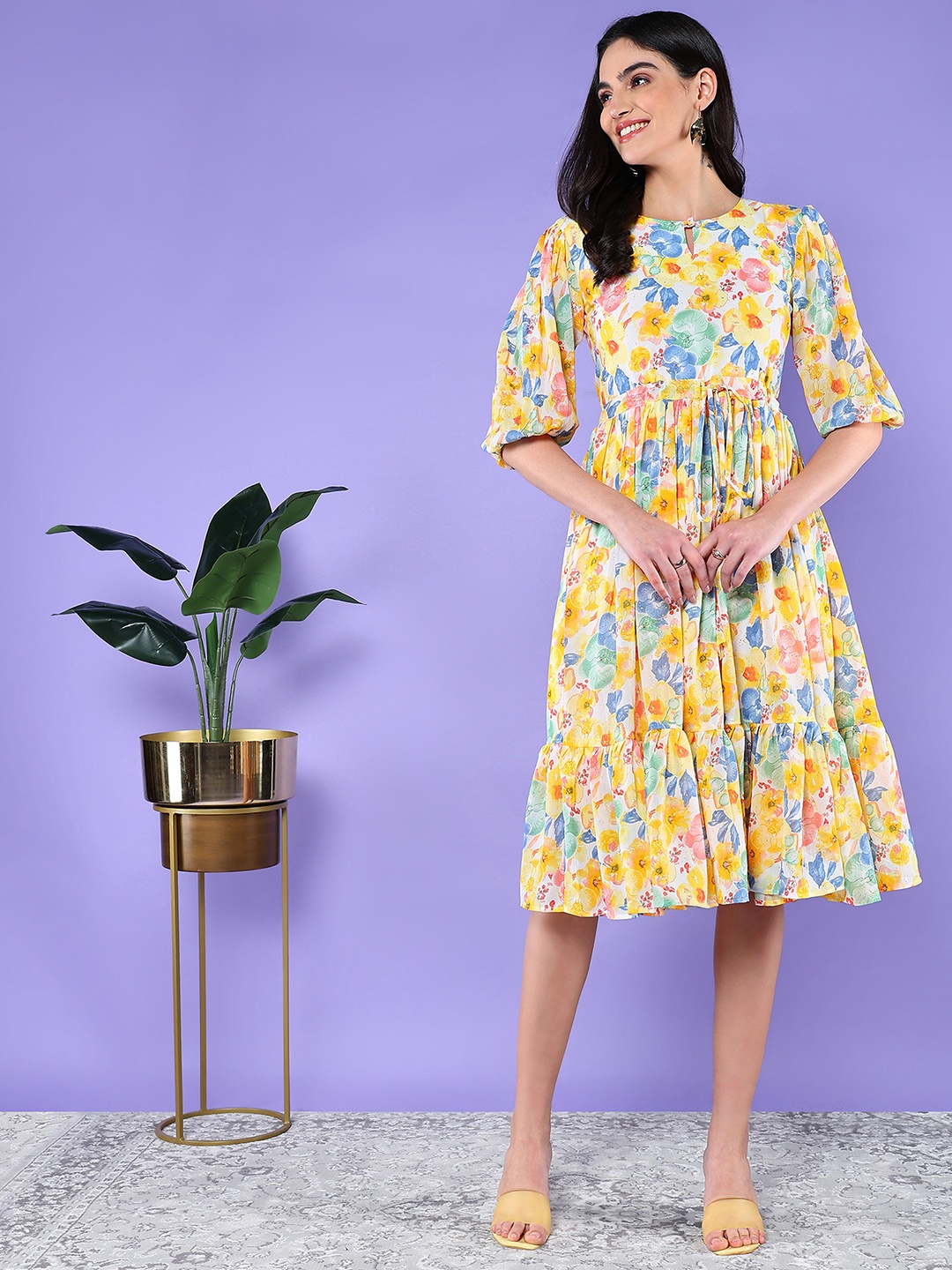 

BAESD Floral Printed Gathered Chiffon Fit & Flare Dress, Yellow