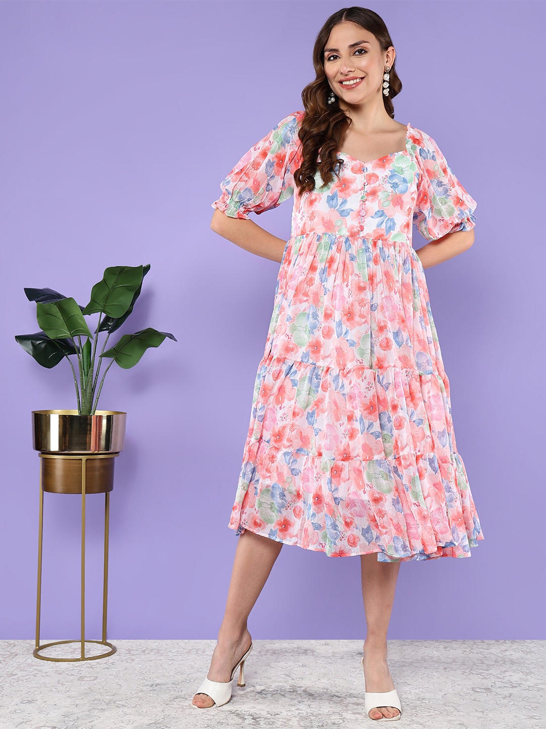 

BAESD Floral Printed Puff Sleeves Gathered Detailed Cotton Fit & Flare Midi Dress, Peach