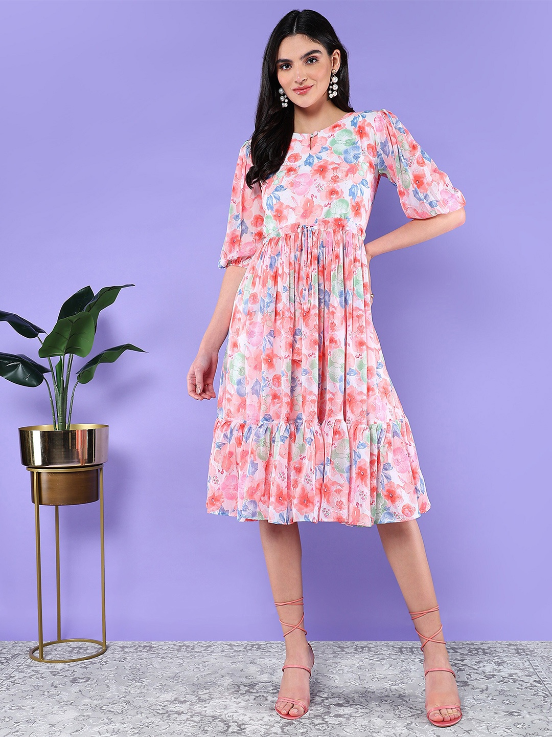 

BAESD Floral Printed Keyhole Neck Puff Sleeves Gathered Detailed Fit & Flare Dress, Peach