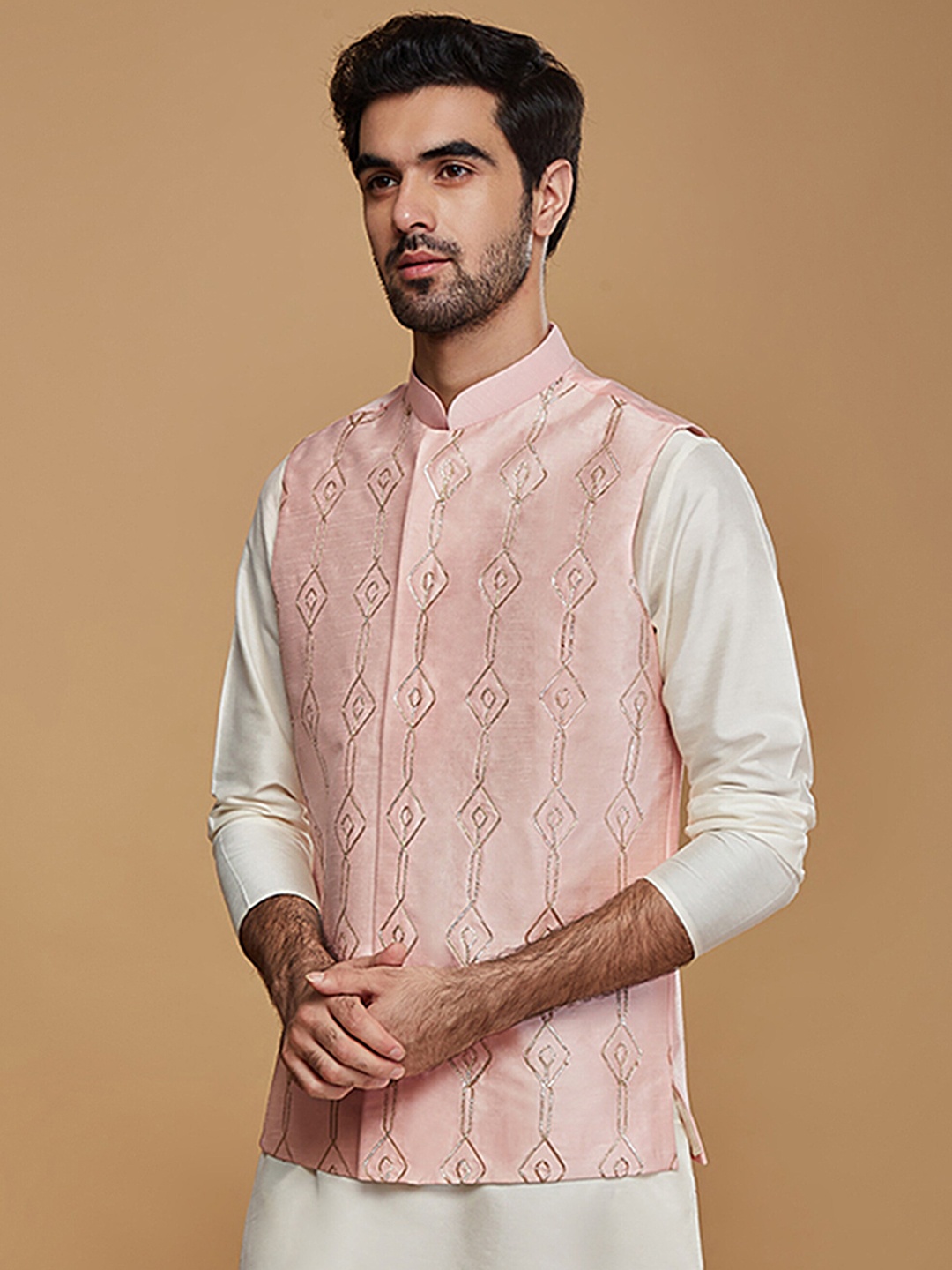 

KISAH Men Geometric Woven Design Nehru Jacket, Pink