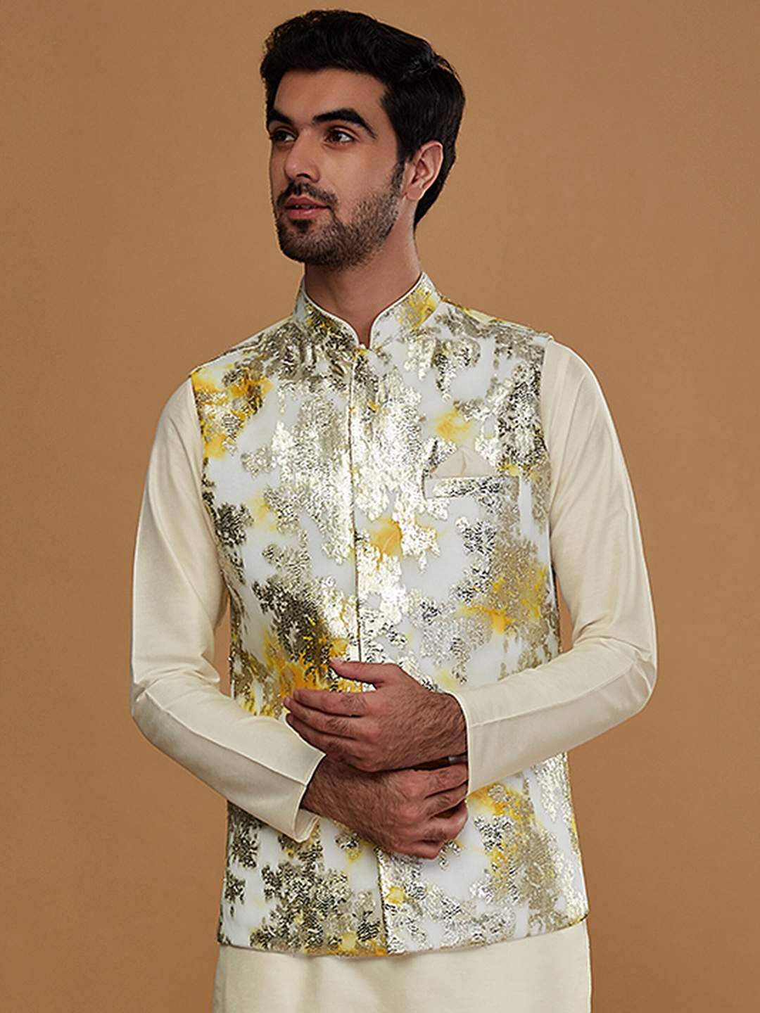 

KISAH Men Floral Jacquard Woven Design Nehru Jacket, Off white