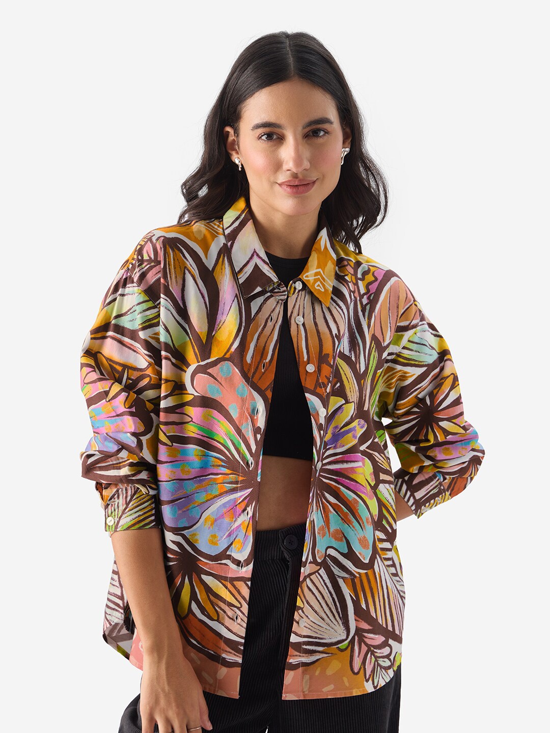 

The Souled Store Women Floral Printed Oversized Pure Cotton Casual Shirt, Orange